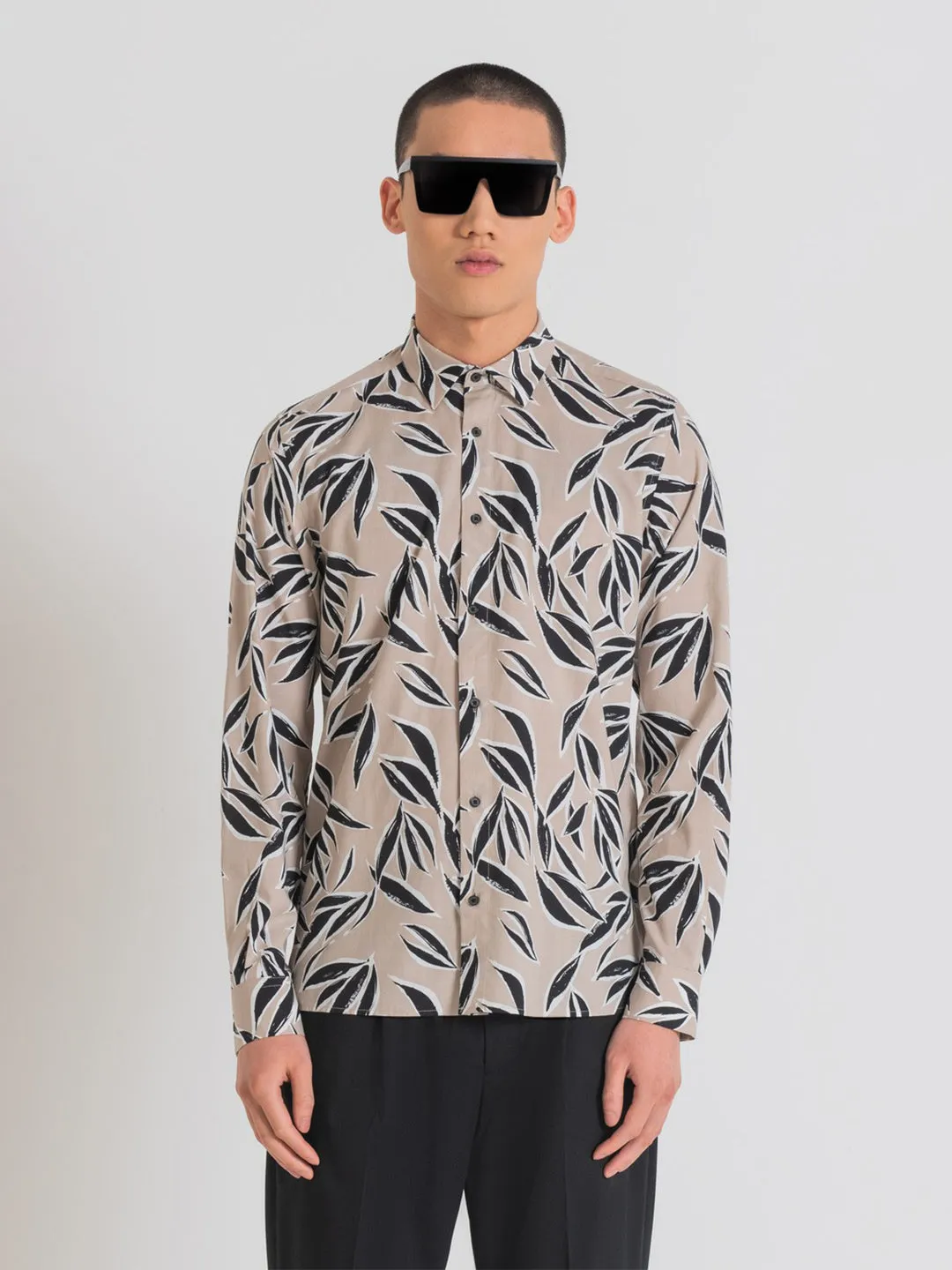 Antony Morato Men Beige Printed Spread Collar Full Sleeves Shirt