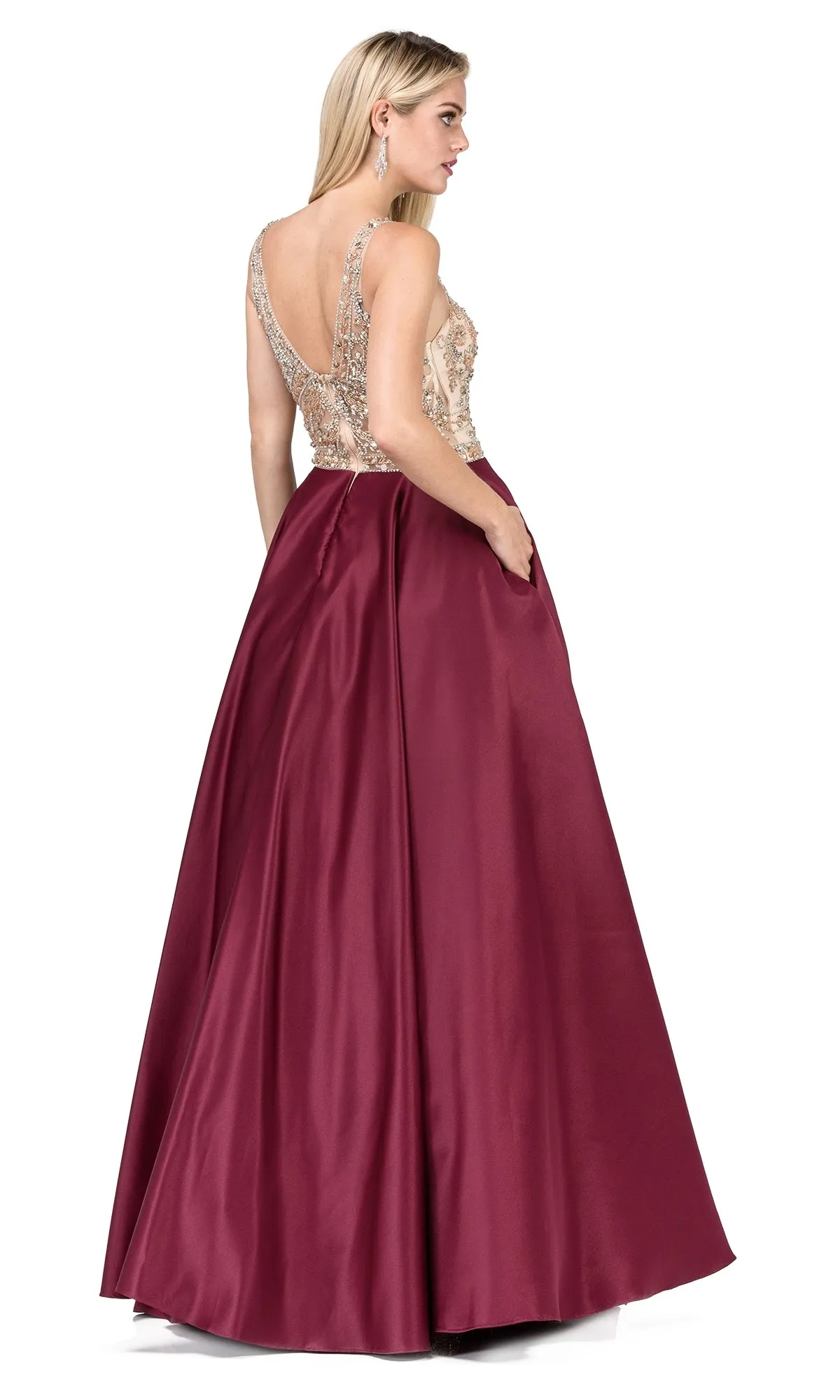 Beaded-Bodice Classic Formal Ball Gown with Pockets