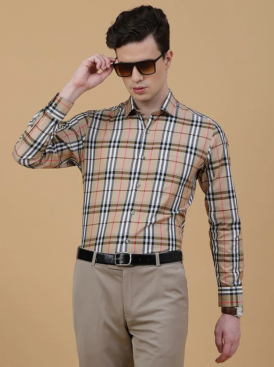 Beige Checked Slim Fit Formal Shirt | Metal