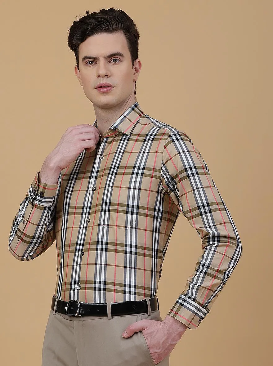 Beige Checked Slim Fit Formal Shirt | Metal