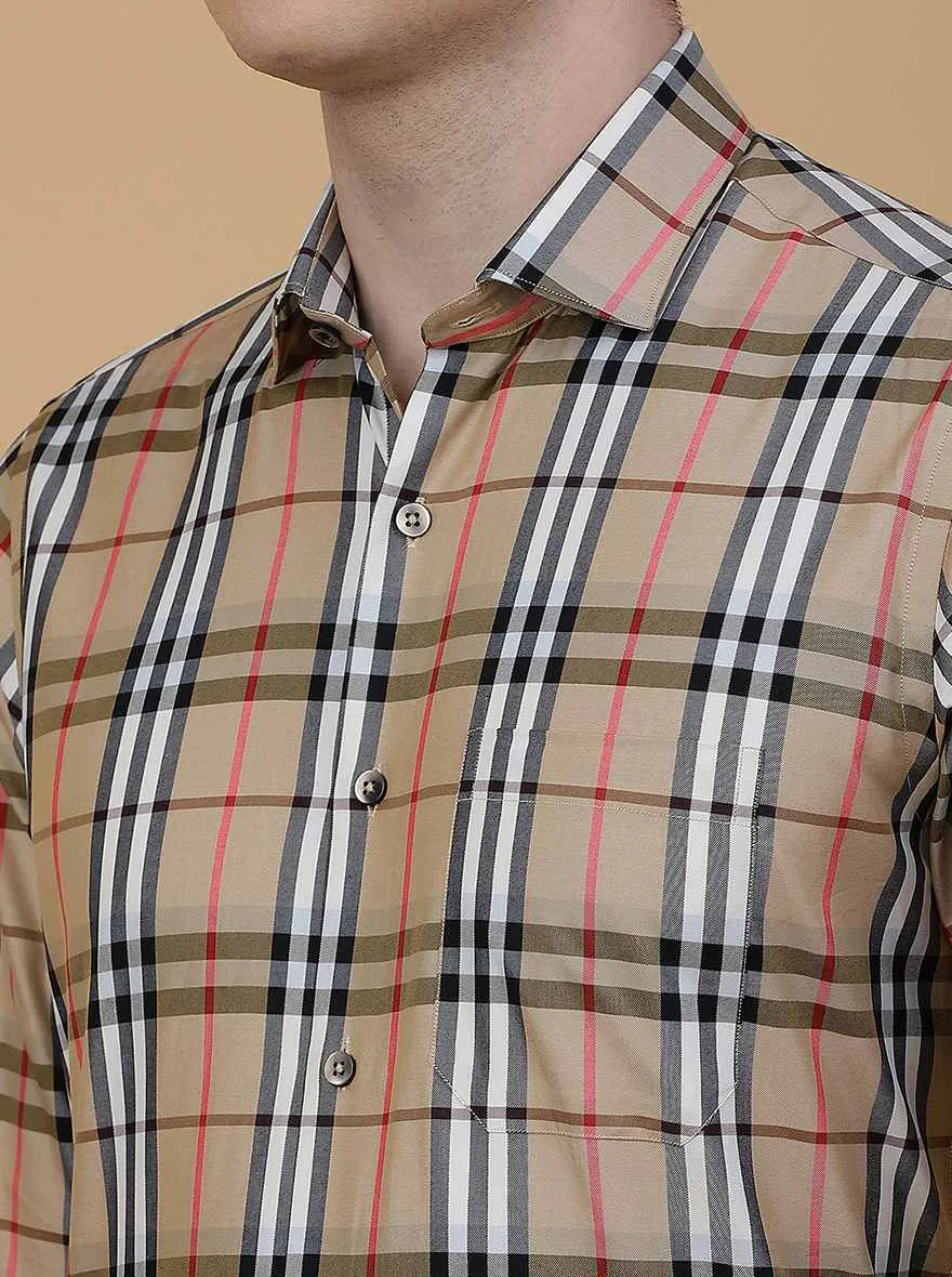 Beige Checked Slim Fit Formal Shirt | Metal