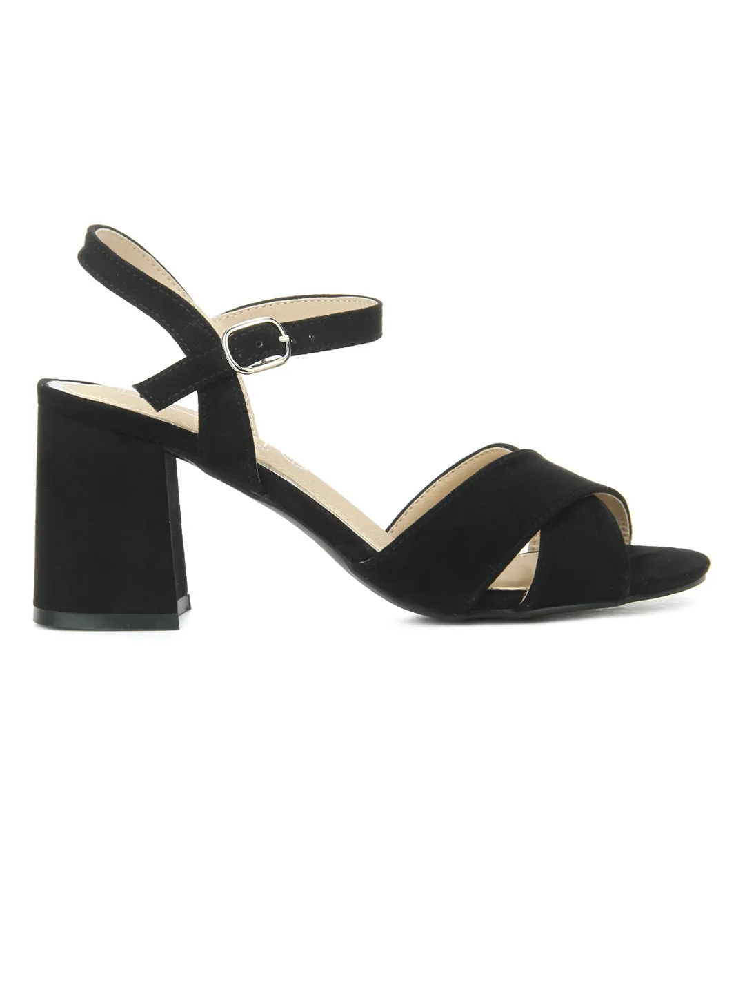 Black Micro Crossover Ankle Strap Block Heels