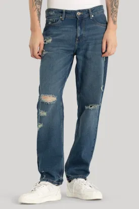 Blue Distressed Relaxed Fit Jeans