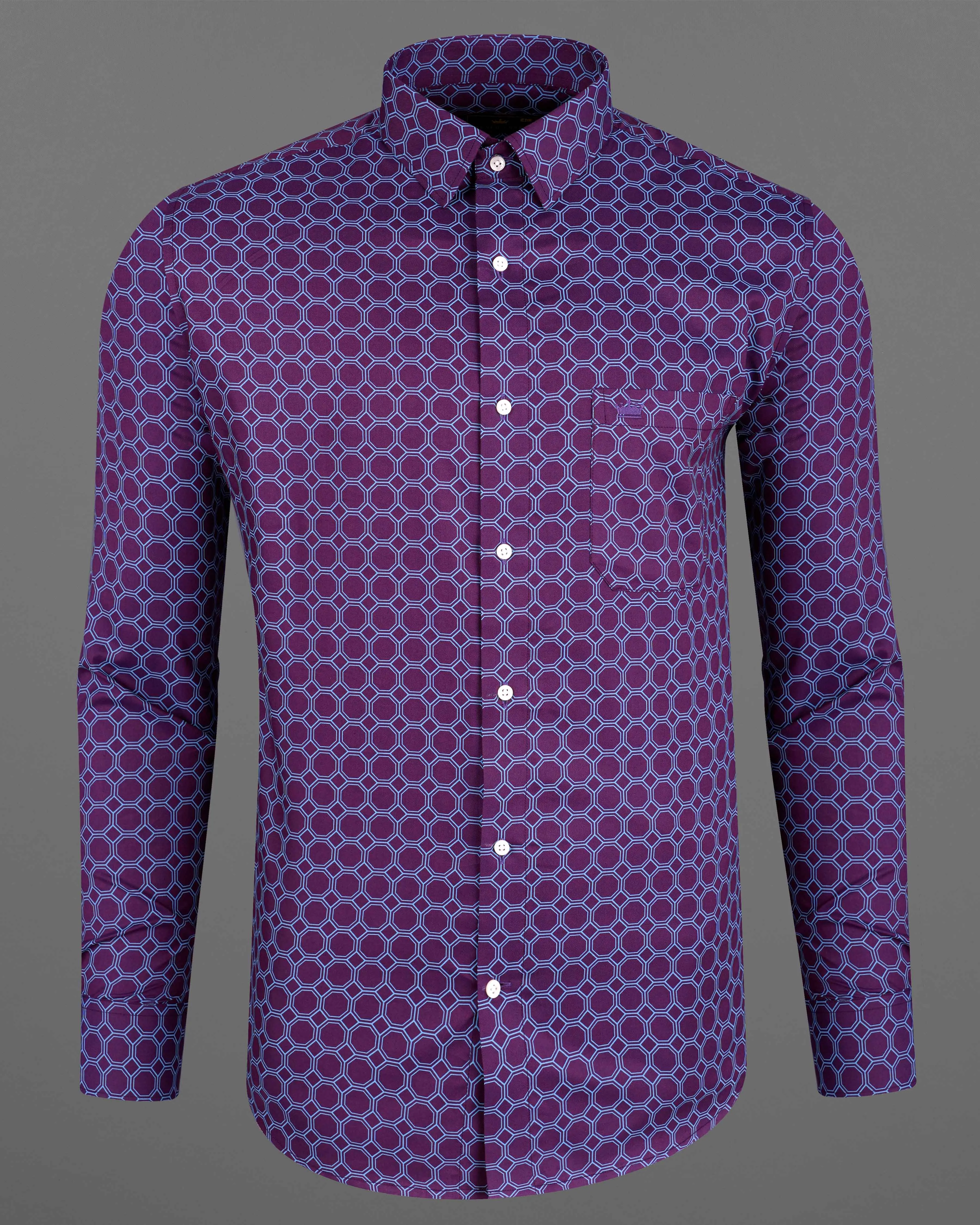 Bossanova Violet with Shakespeare Blue Hexagonal Printed Twill Premium Cotton Shirt