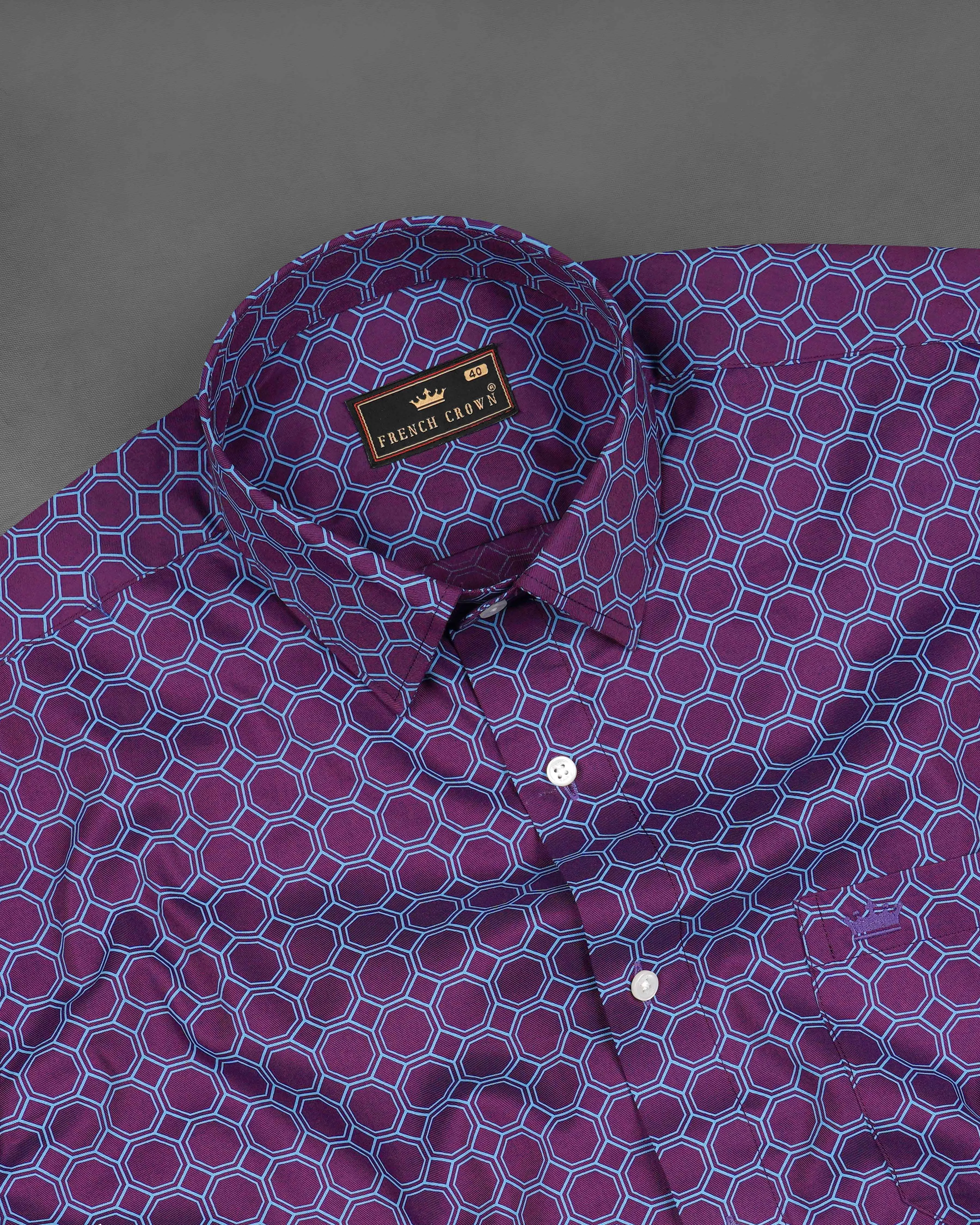 Bossanova Violet with Shakespeare Blue Hexagonal Printed Twill Premium Cotton Shirt