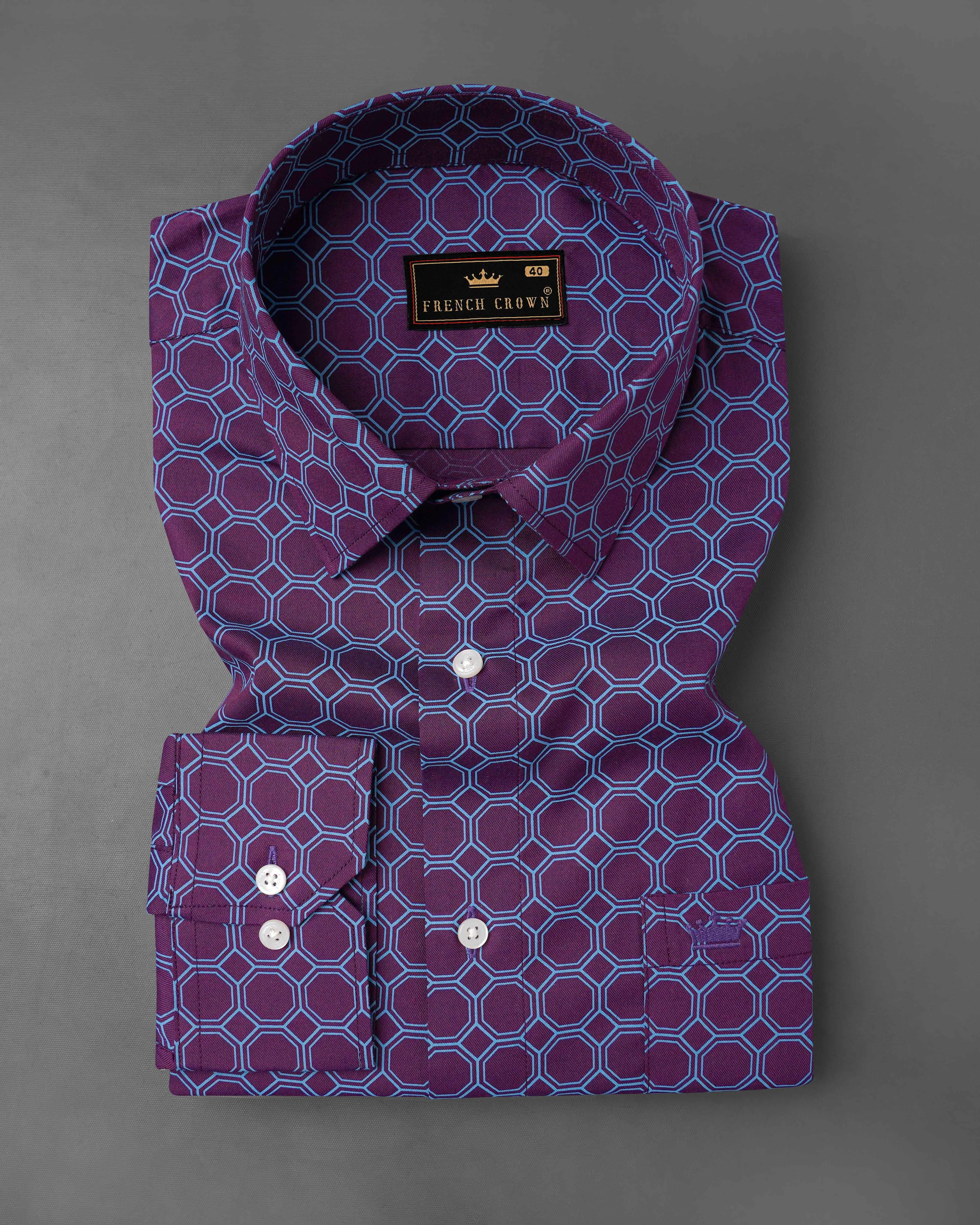 Bossanova Violet with Shakespeare Blue Hexagonal Printed Twill Premium Cotton Shirt