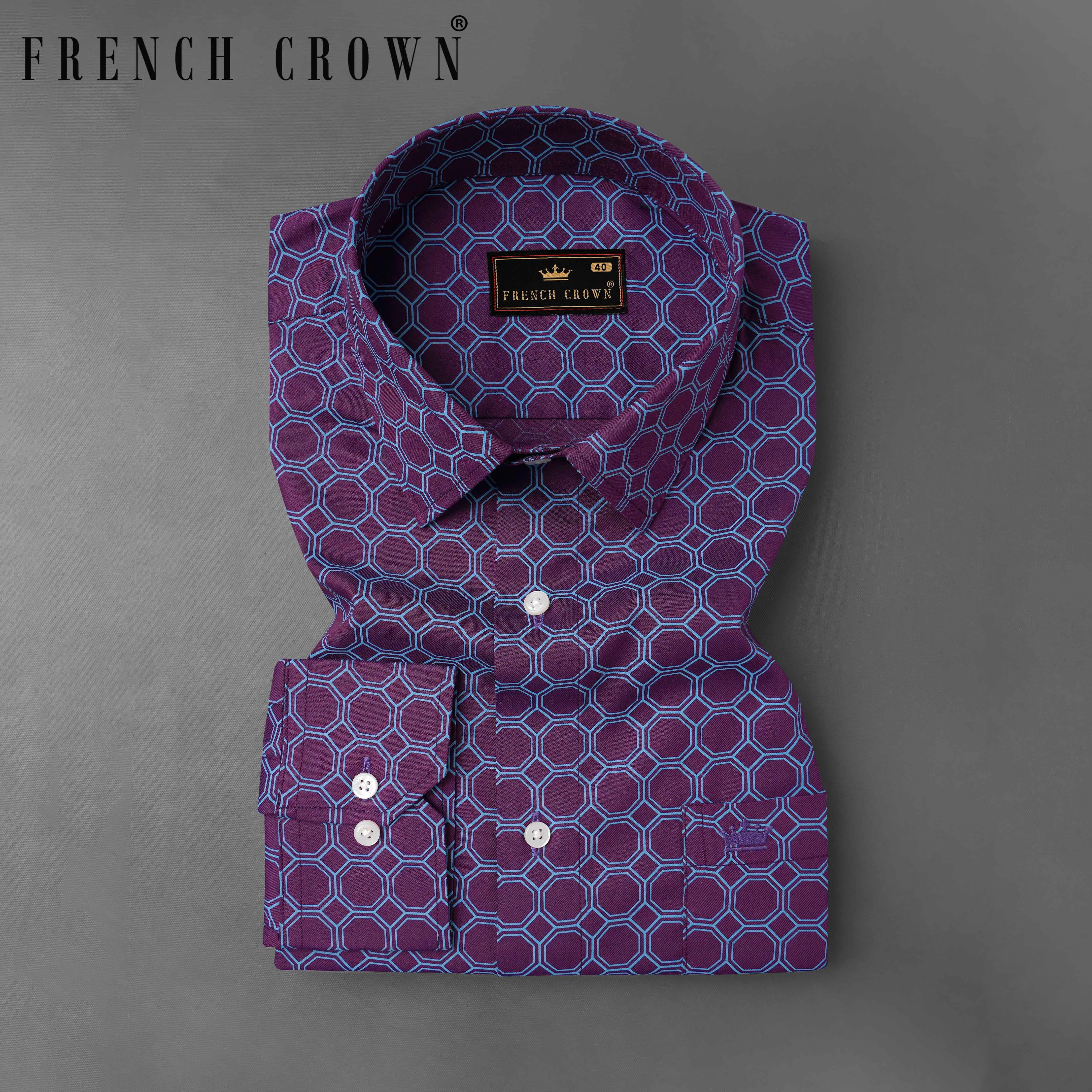 Bossanova Violet with Shakespeare Blue Hexagonal Printed Twill Premium Cotton Shirt