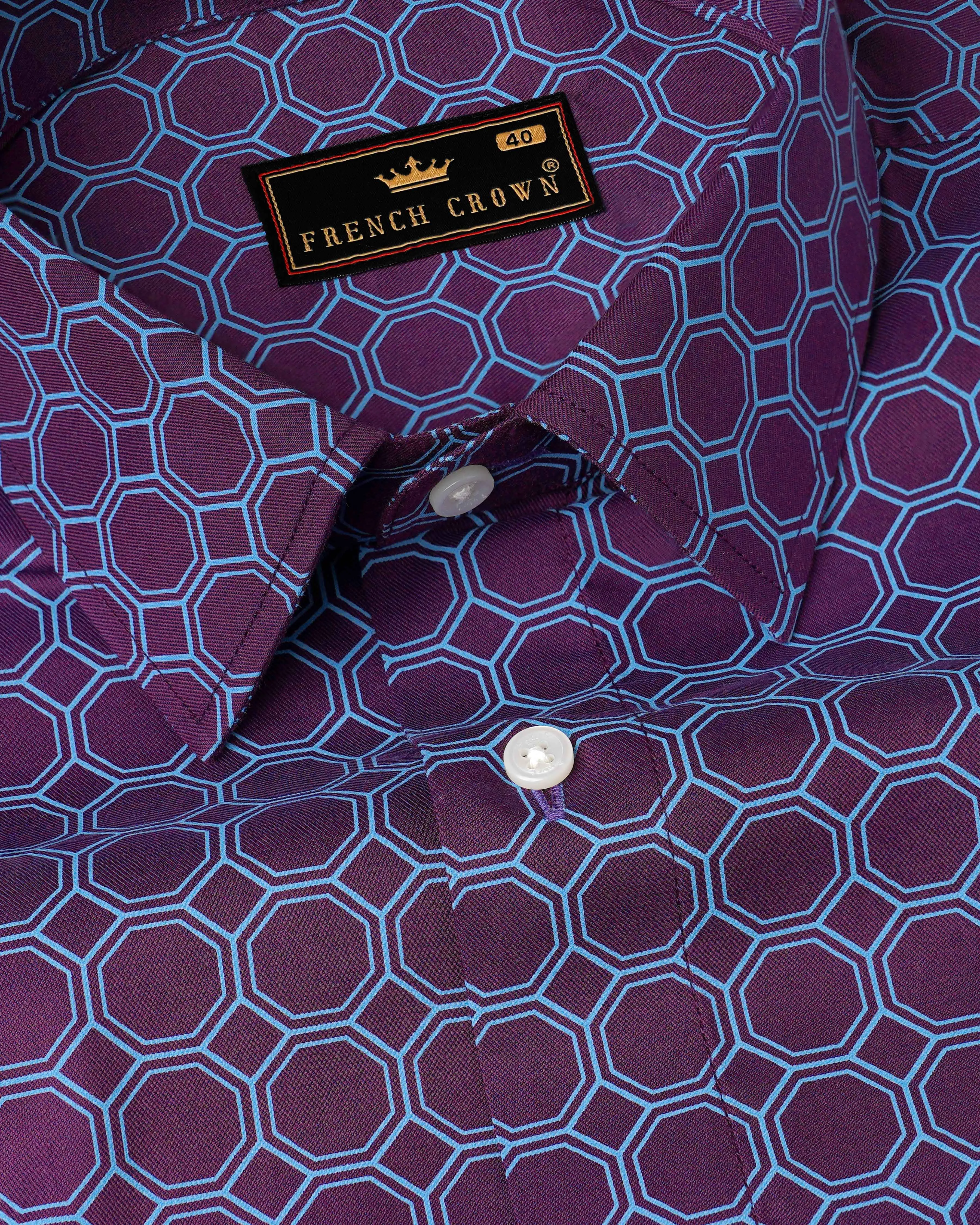 Bossanova Violet with Shakespeare Blue Hexagonal Printed Twill Premium Cotton Shirt