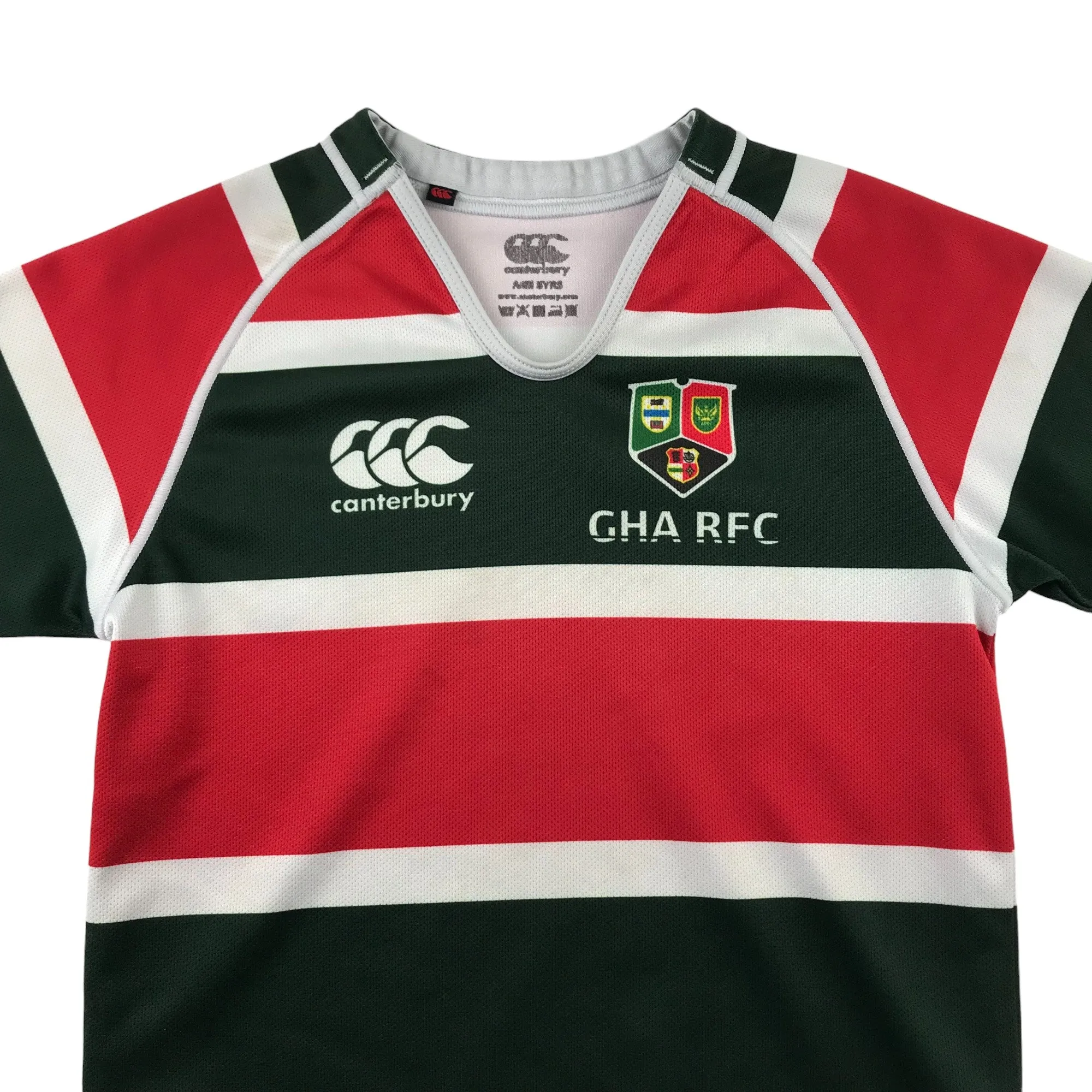 Canterbury rugby top 7-8 years red and green stripy GHA RFC