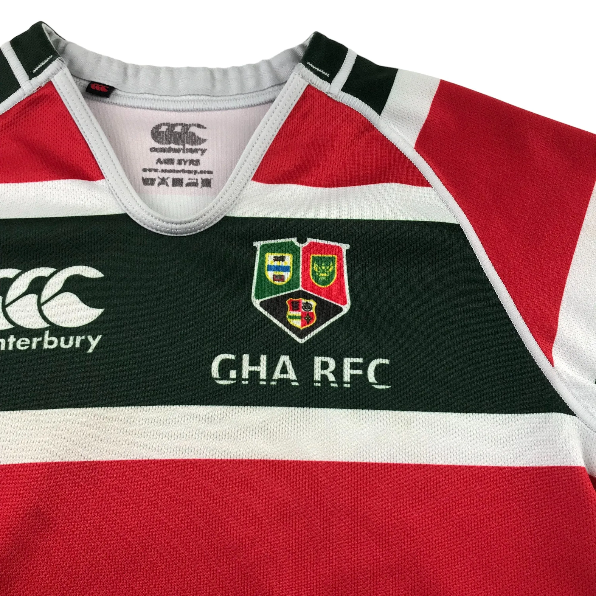 Canterbury rugby top 7-8 years red and green stripy GHA RFC