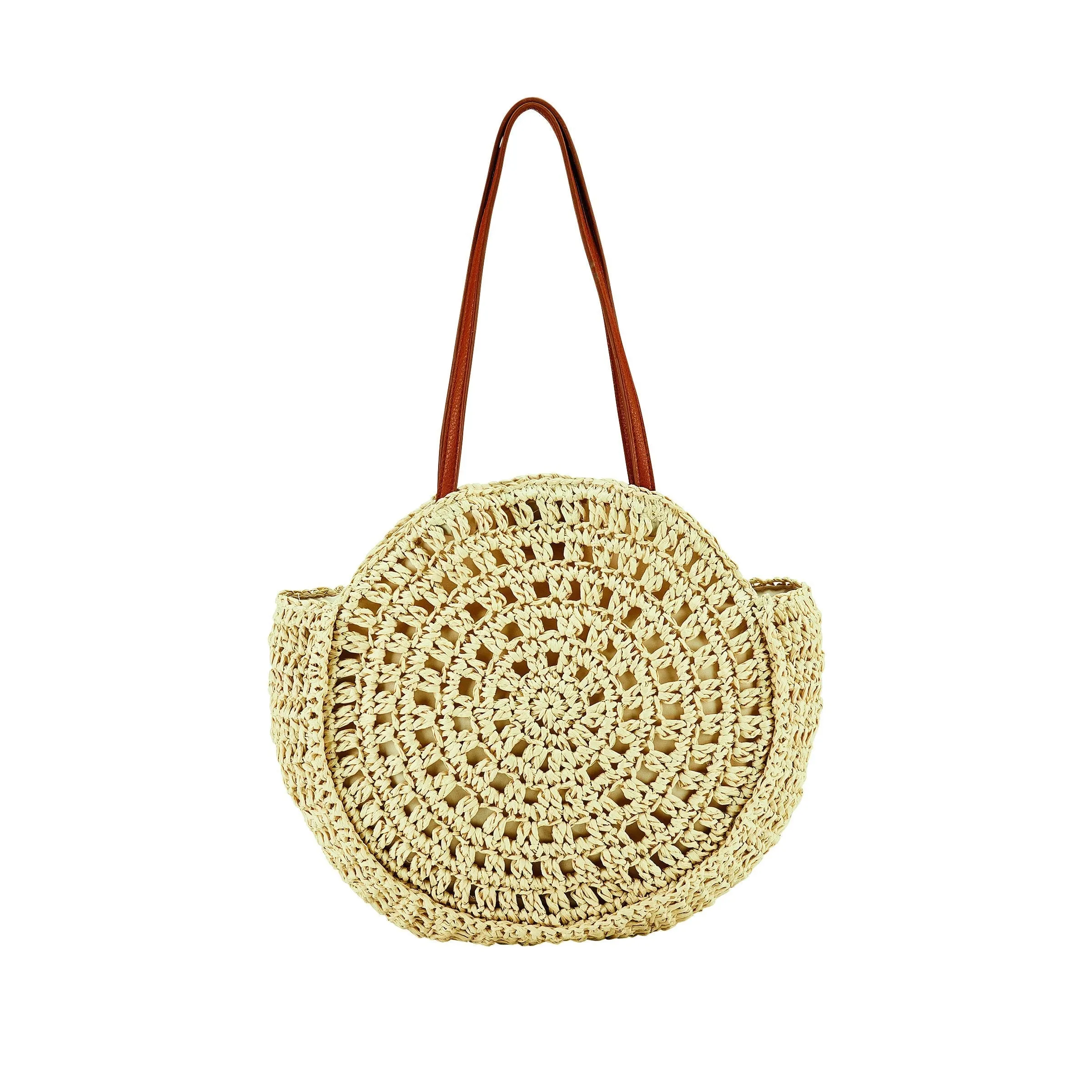 Circular Woven Paper Tote with Faux Leather Handles  (BSB3711)