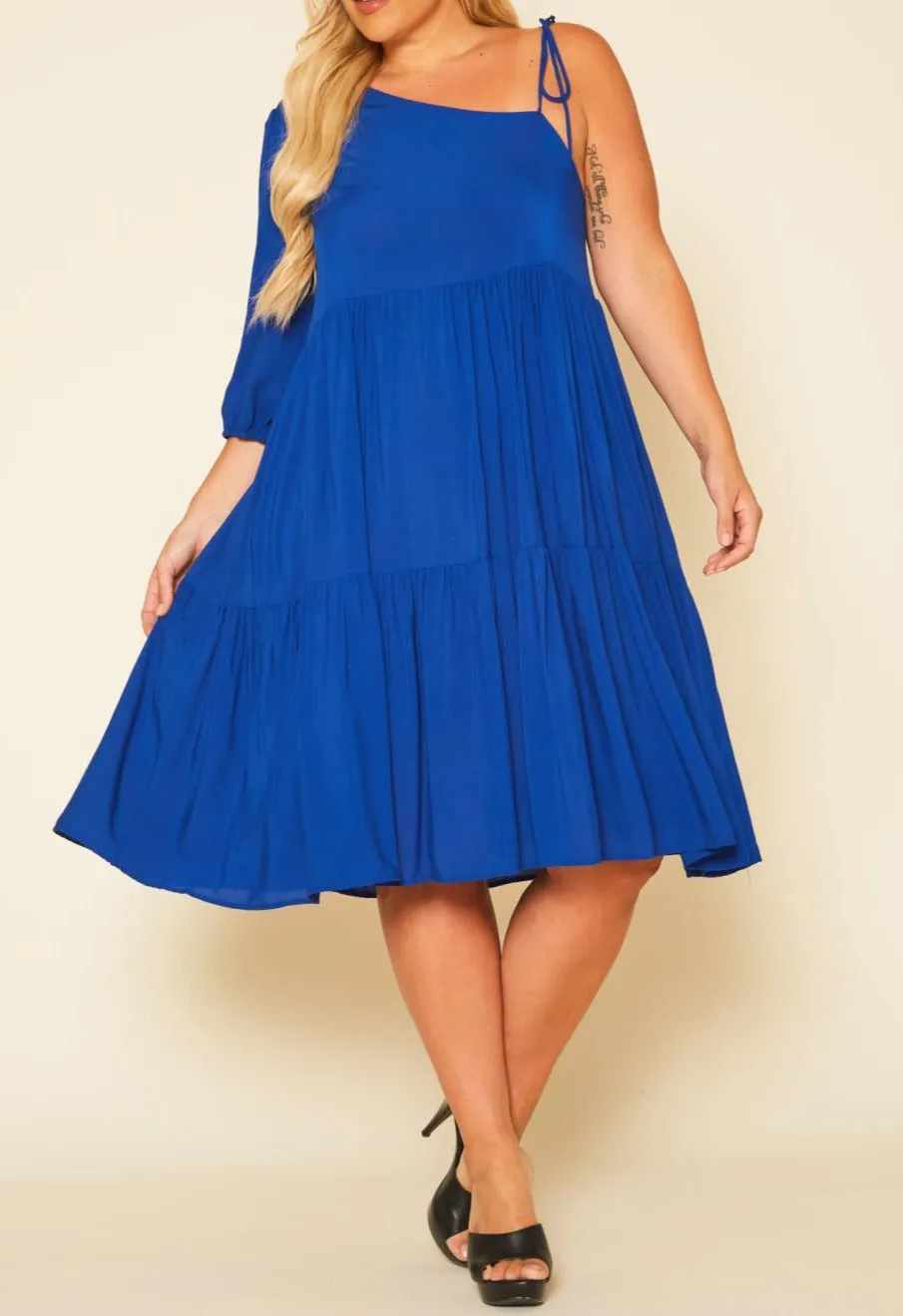 Curvy Plus Size One Sleeve Ruffle Flare Knee Dress