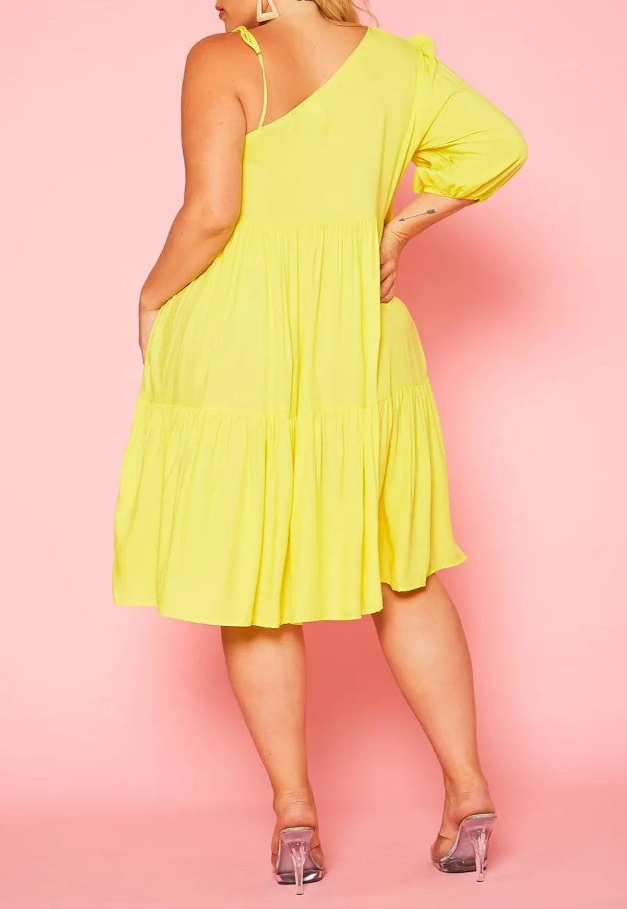 Curvy Plus Size One Sleeve Ruffle Flare Knee Dress