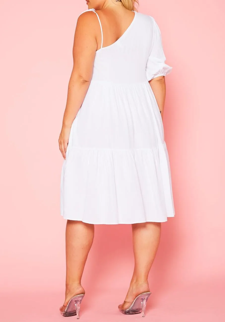 Curvy Plus Size One Sleeve Ruffle Flare Knee Dress