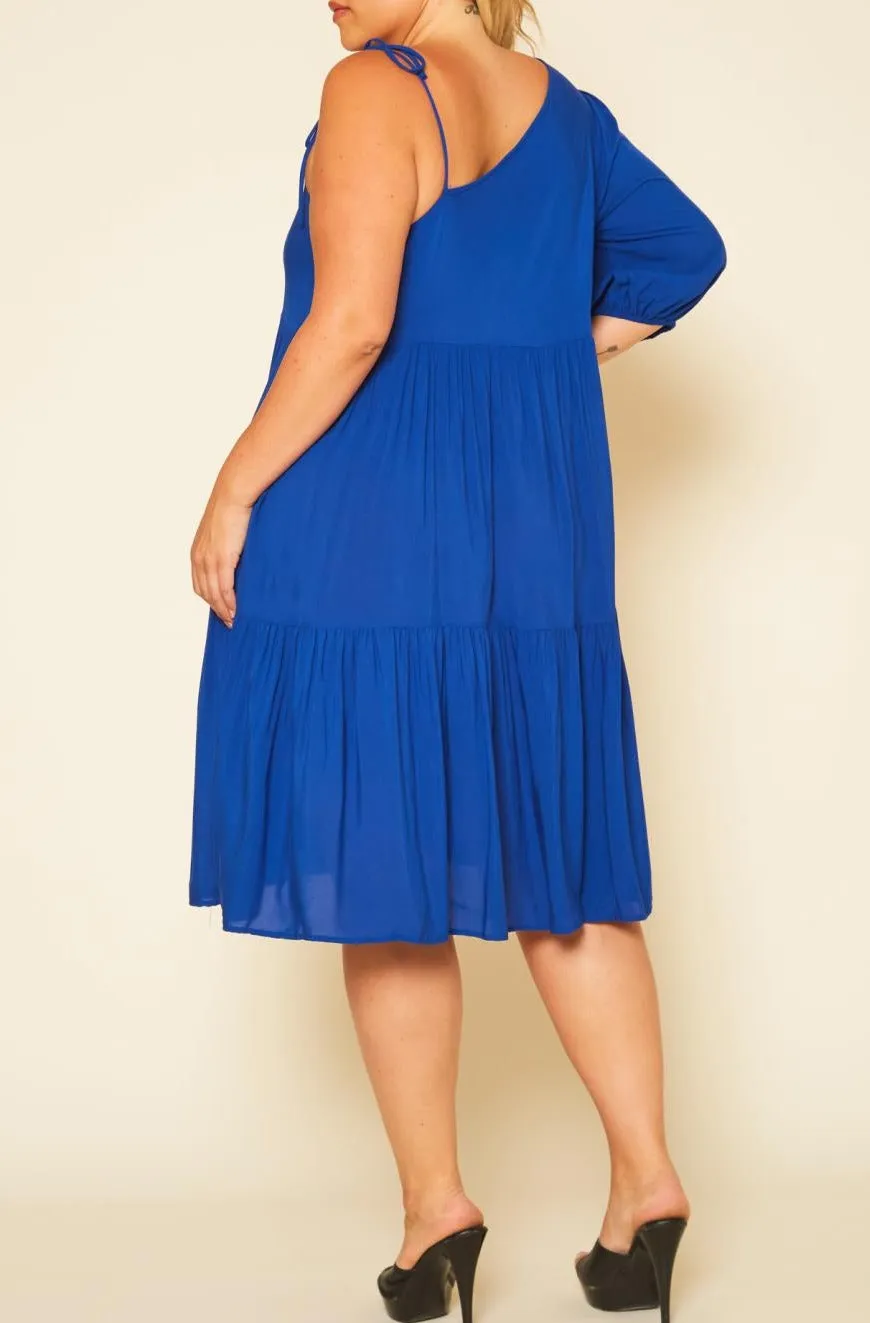 Curvy Plus Size One Sleeve Ruffle Flare Knee Dress