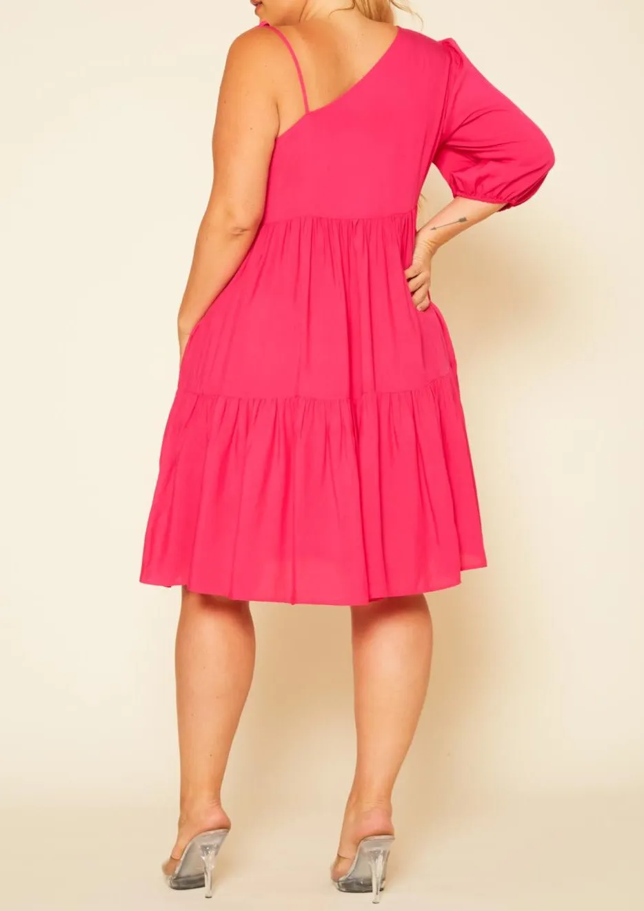 Curvy Plus Size One Sleeve Ruffle Flare Knee Dress