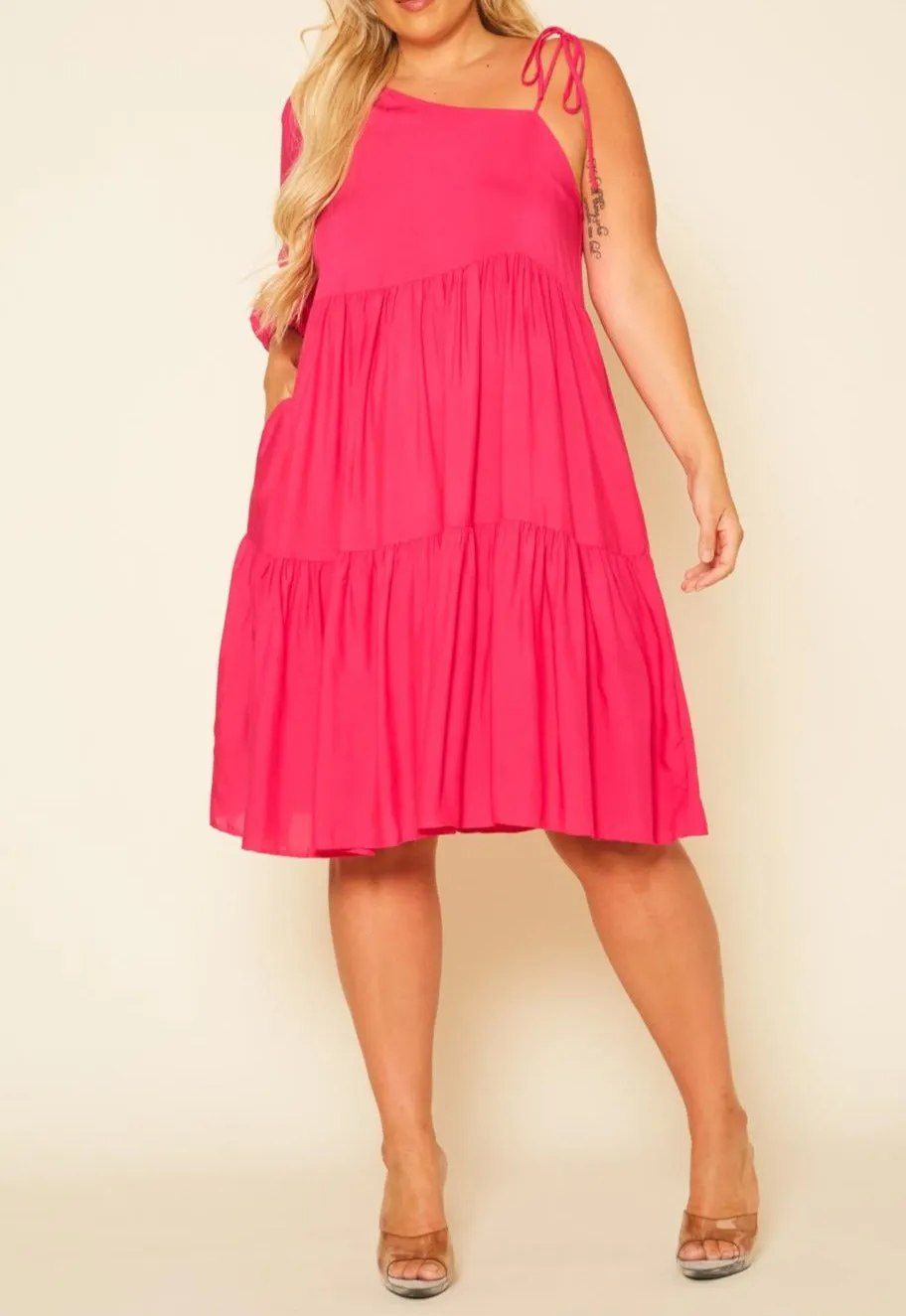 Curvy Plus Size One Sleeve Ruffle Flare Knee Dress