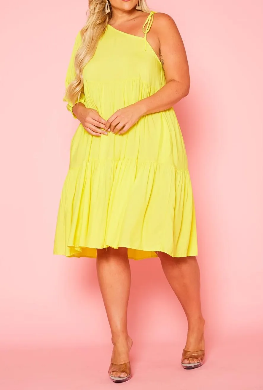 Curvy Plus Size One Sleeve Ruffle Flare Knee Dress