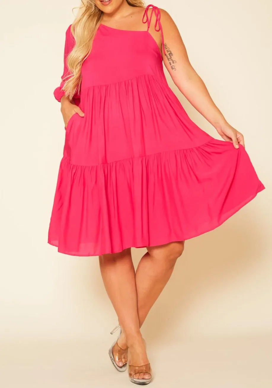 Curvy Plus Size One Sleeve Ruffle Flare Knee Dress