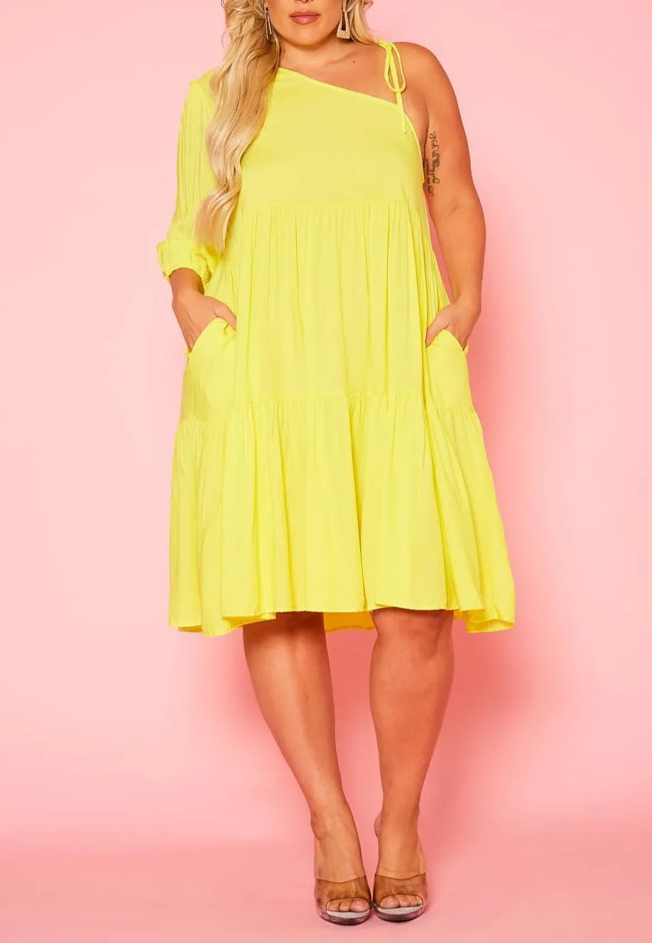 Curvy Plus Size One Sleeve Ruffle Flare Knee Dress