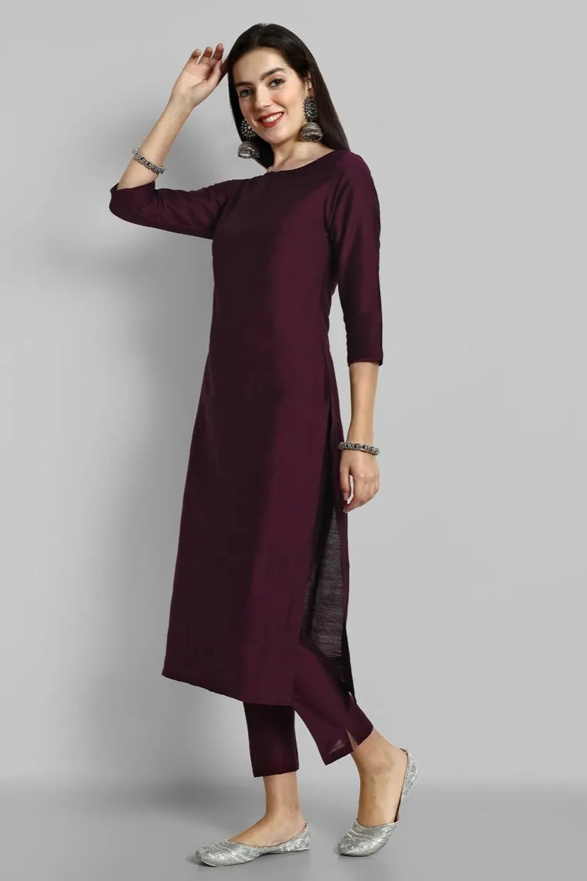 Deep Burgundy Cotton Silk Boat Neck Kurta