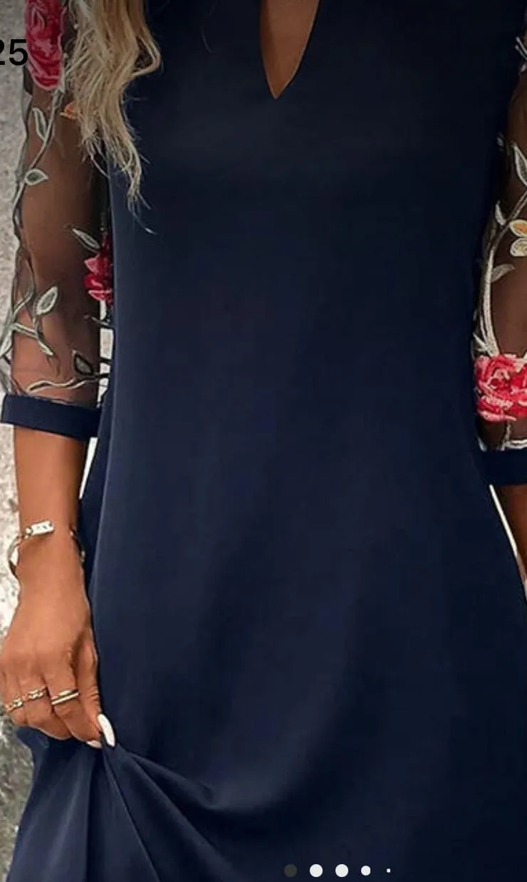 Dresses- Navy Midi Dress w/ Floral Mesh Sleeves