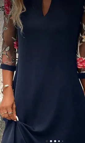 Dresses- Navy Midi Dress w/ Floral Mesh Sleeves