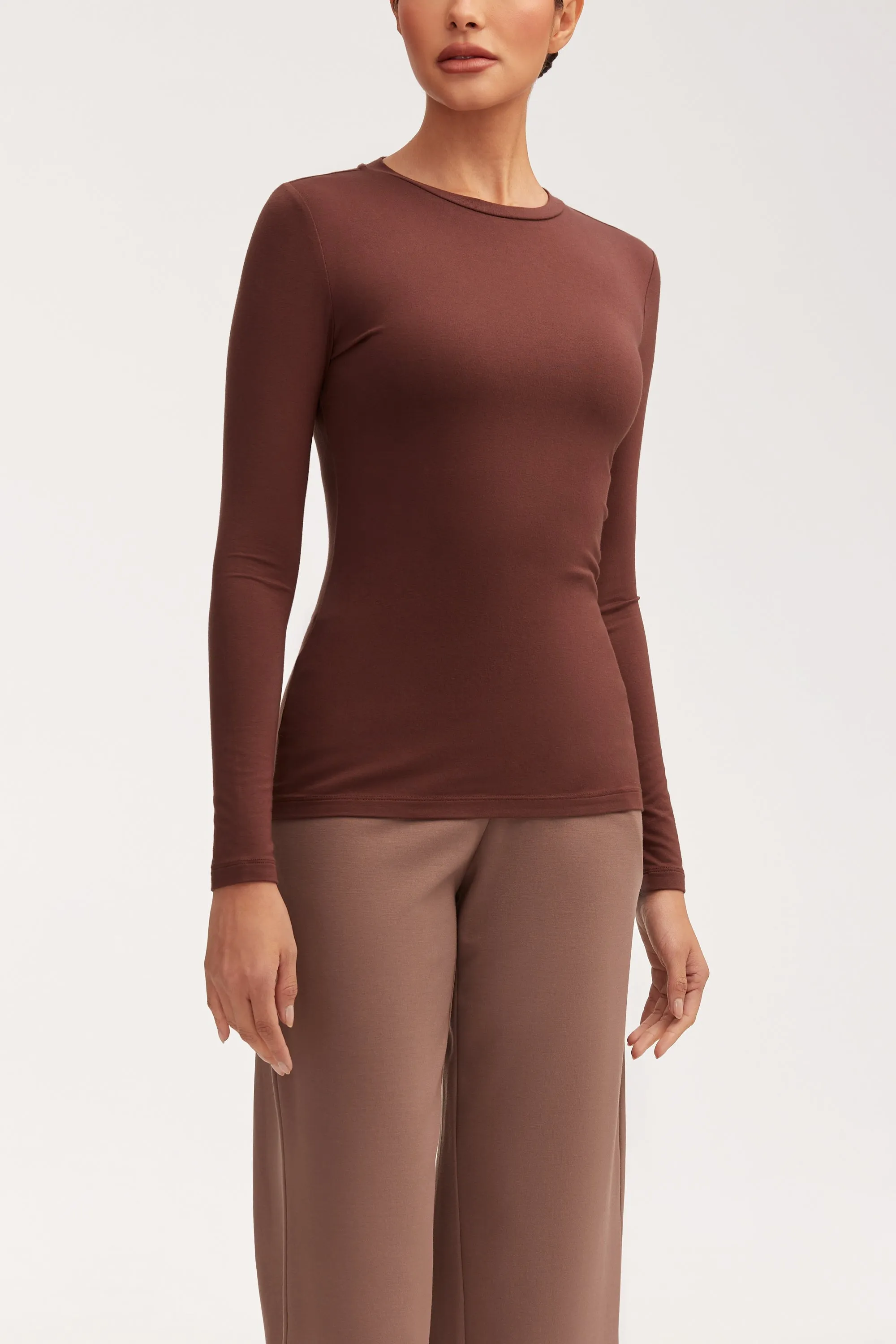 Essential Crew Neck Bamboo Jersey Top - Brown