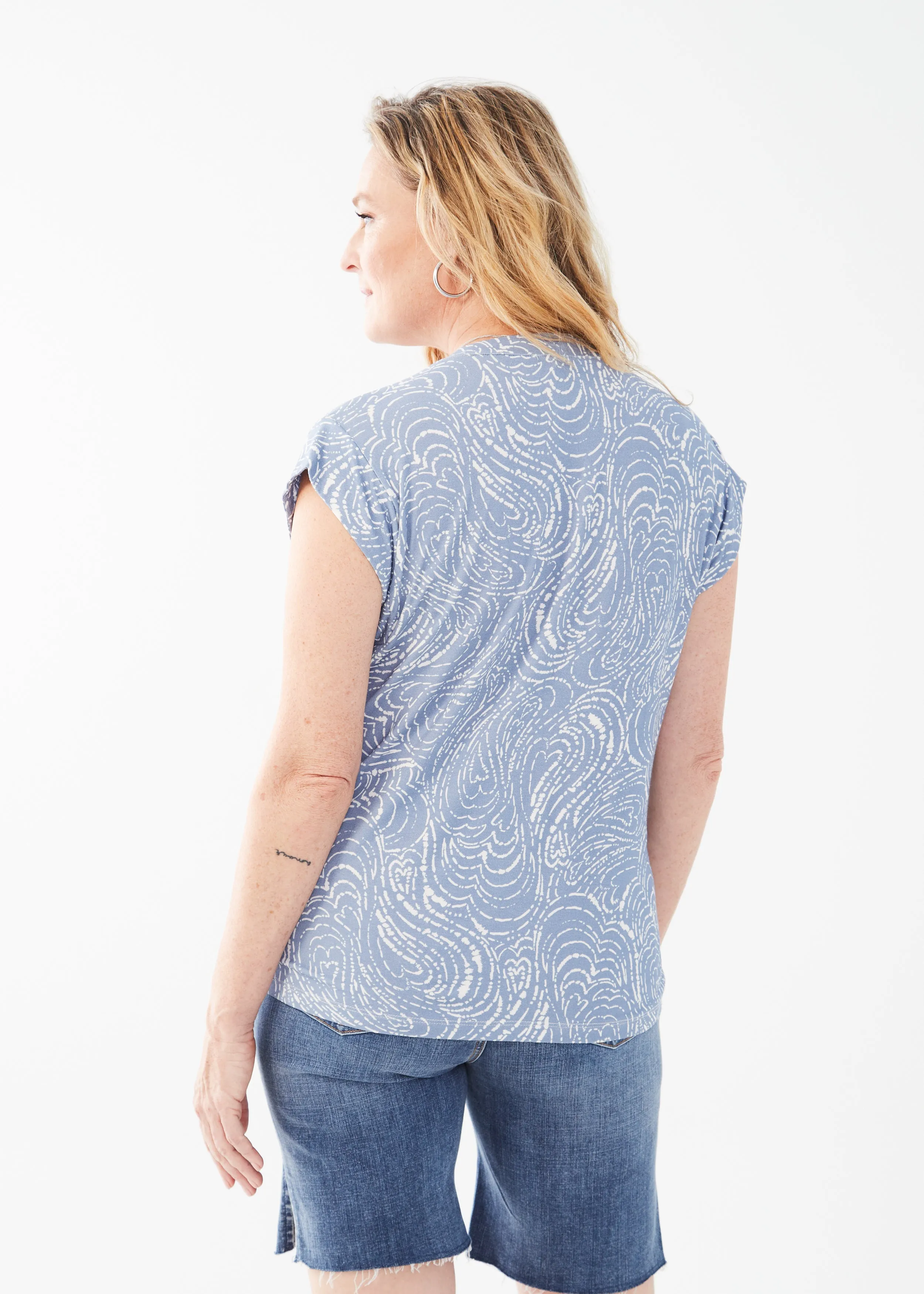 FDJ Printed Cap Sleeve V-Neck Top