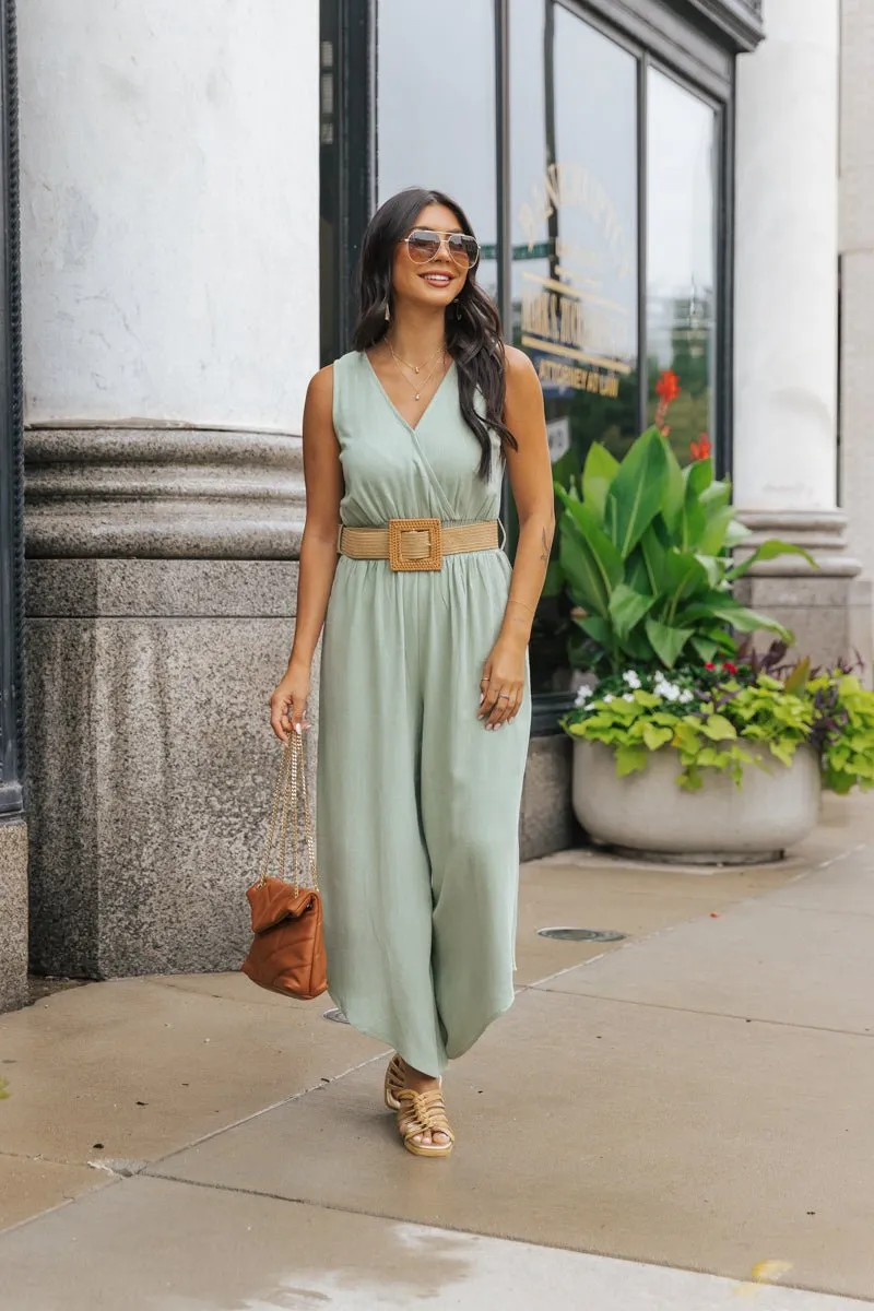 Green Surplice V Neck Belted Jumpsuit - FINAL SALE