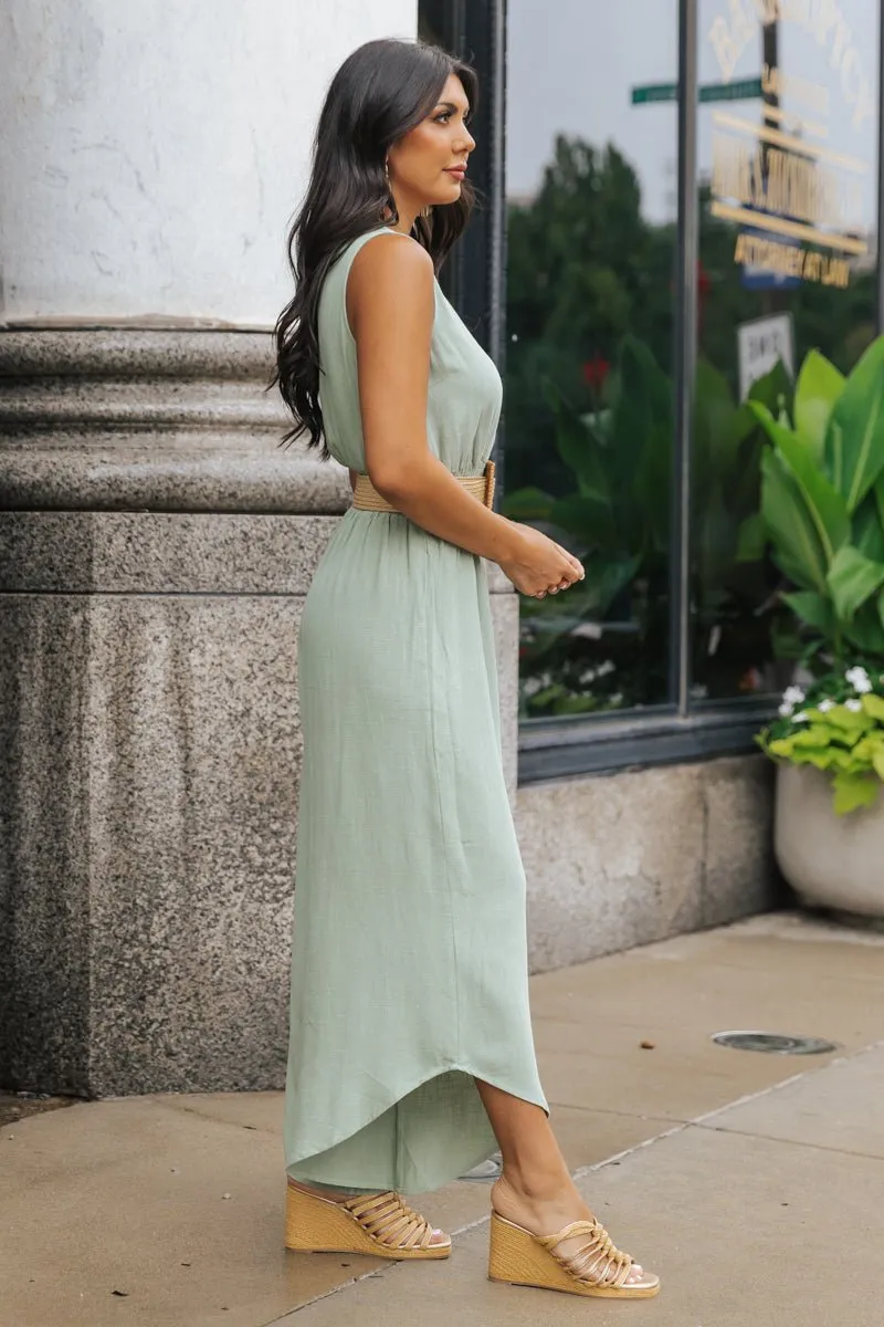 Green Surplice V Neck Belted Jumpsuit - FINAL SALE