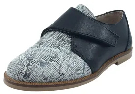 Hoo Shoes Boy's & Girl's Dee's Black with White Printed Leather Single Hook and Loop Tab Oxford Shoe