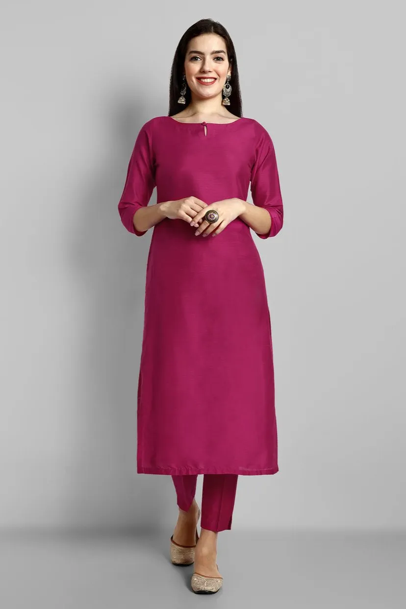 Hot Pink Cotton Silk Boat Neck Only Kurta