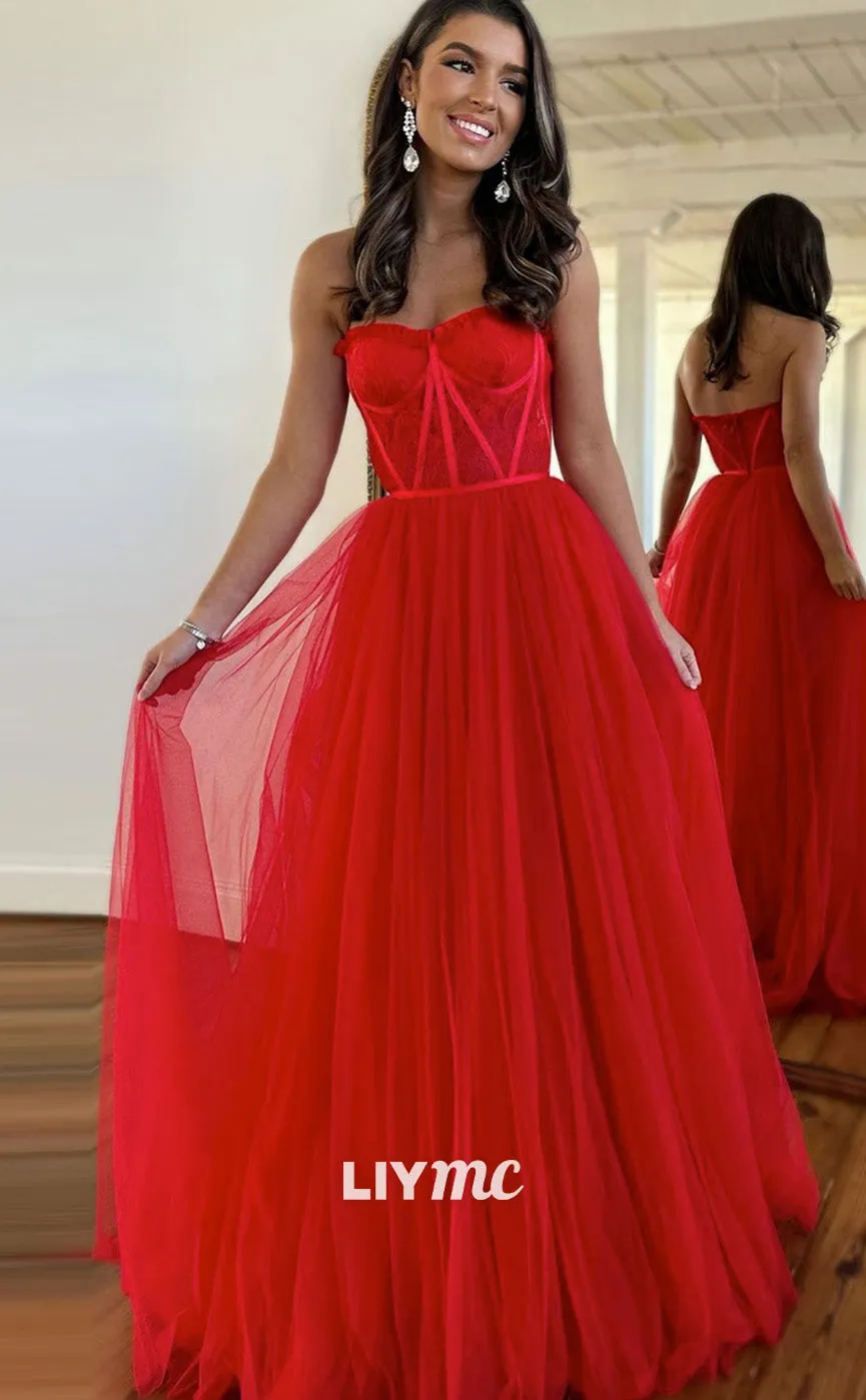 LP1911 - A-Line Lace Tulle Red Long Prom Dress, Red Lace Formal Evening Dresses