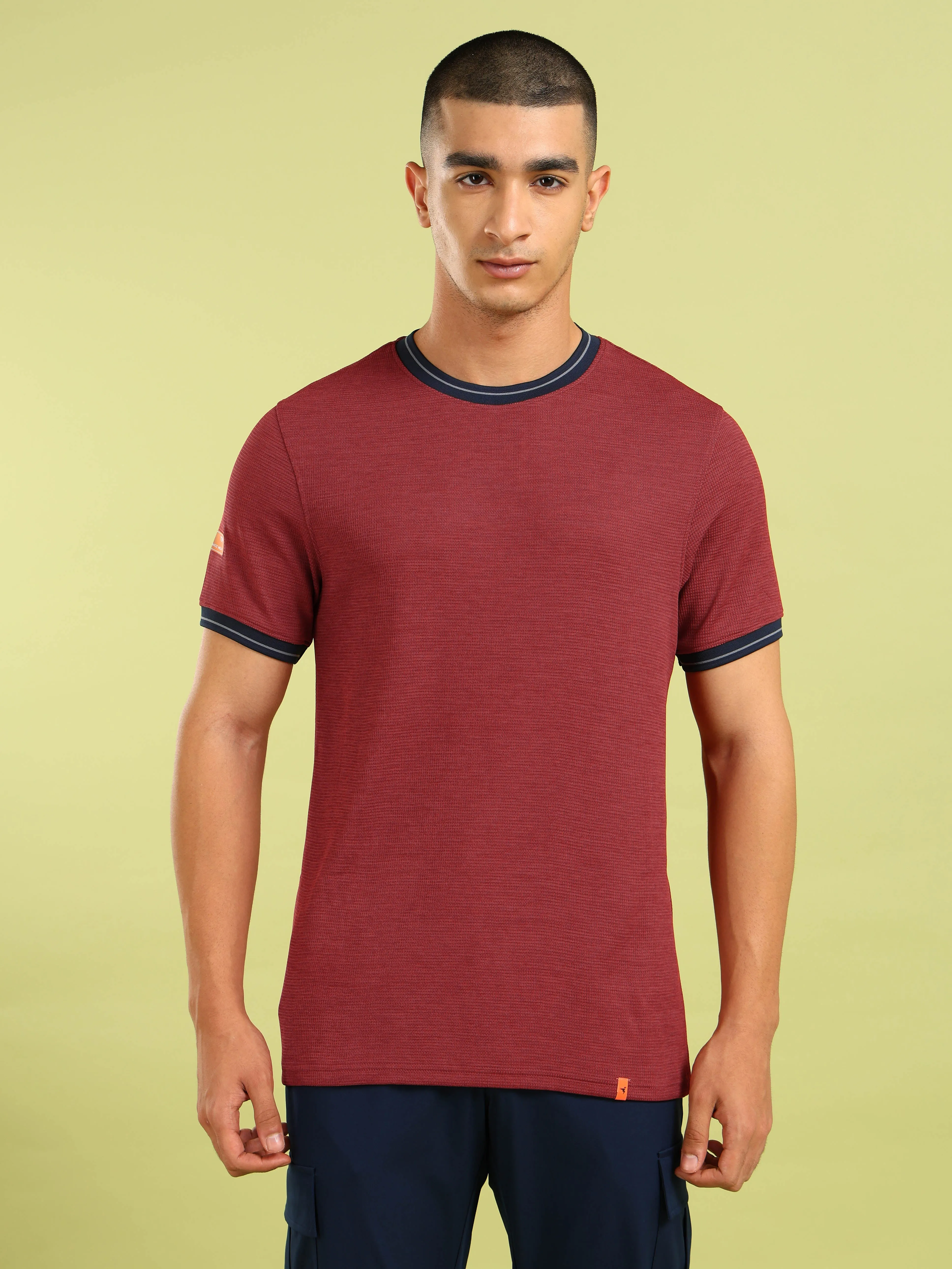 Men Cubic Melange Slim Fit Round Neck Sports T-shirt with DOUBLE COOL