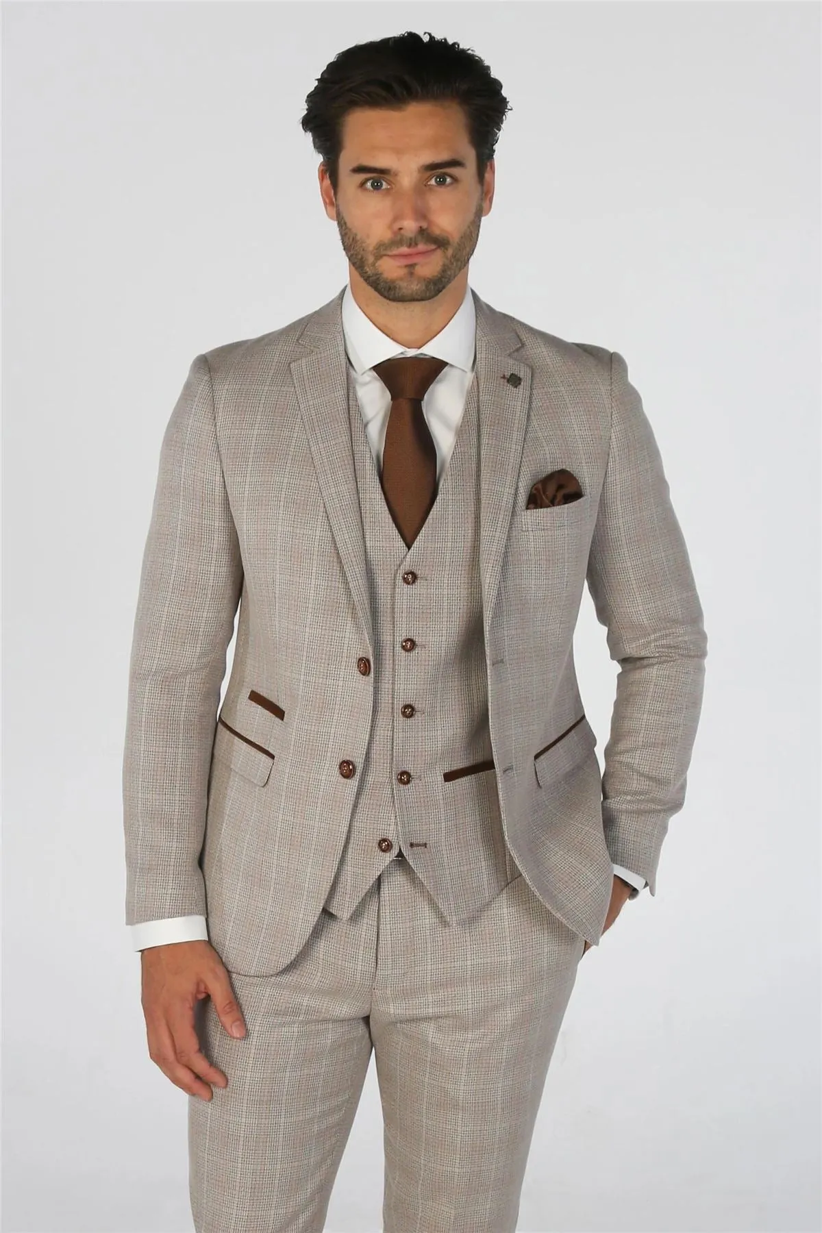 Men's Blazer Beige Checked Tailored Fit Formal Suit Jacket