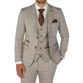 Men's Blazer Beige Checked Tailored Fit Formal Suit Jacket