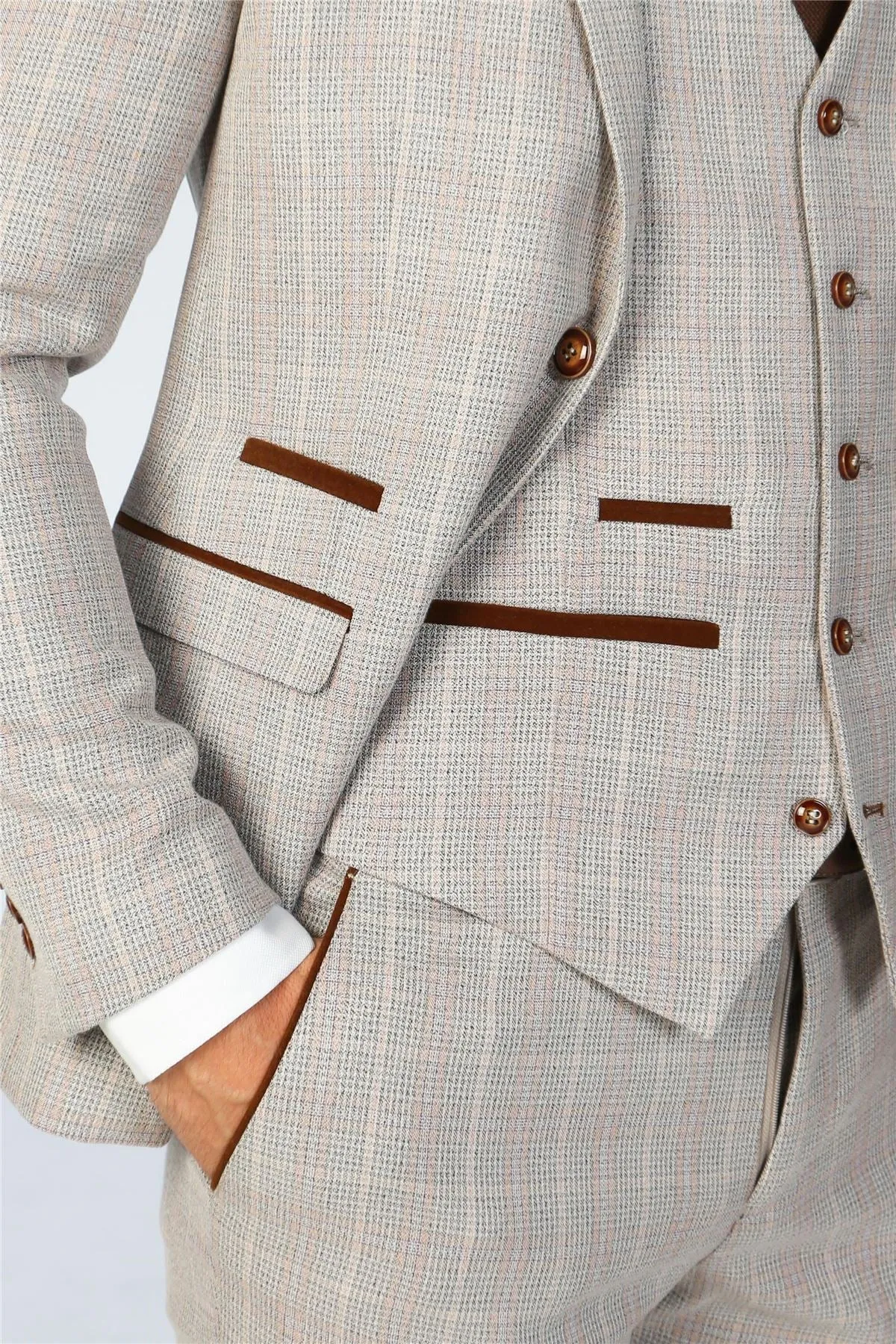 Men's Blazer Beige Checked Tailored Fit Formal Suit Jacket