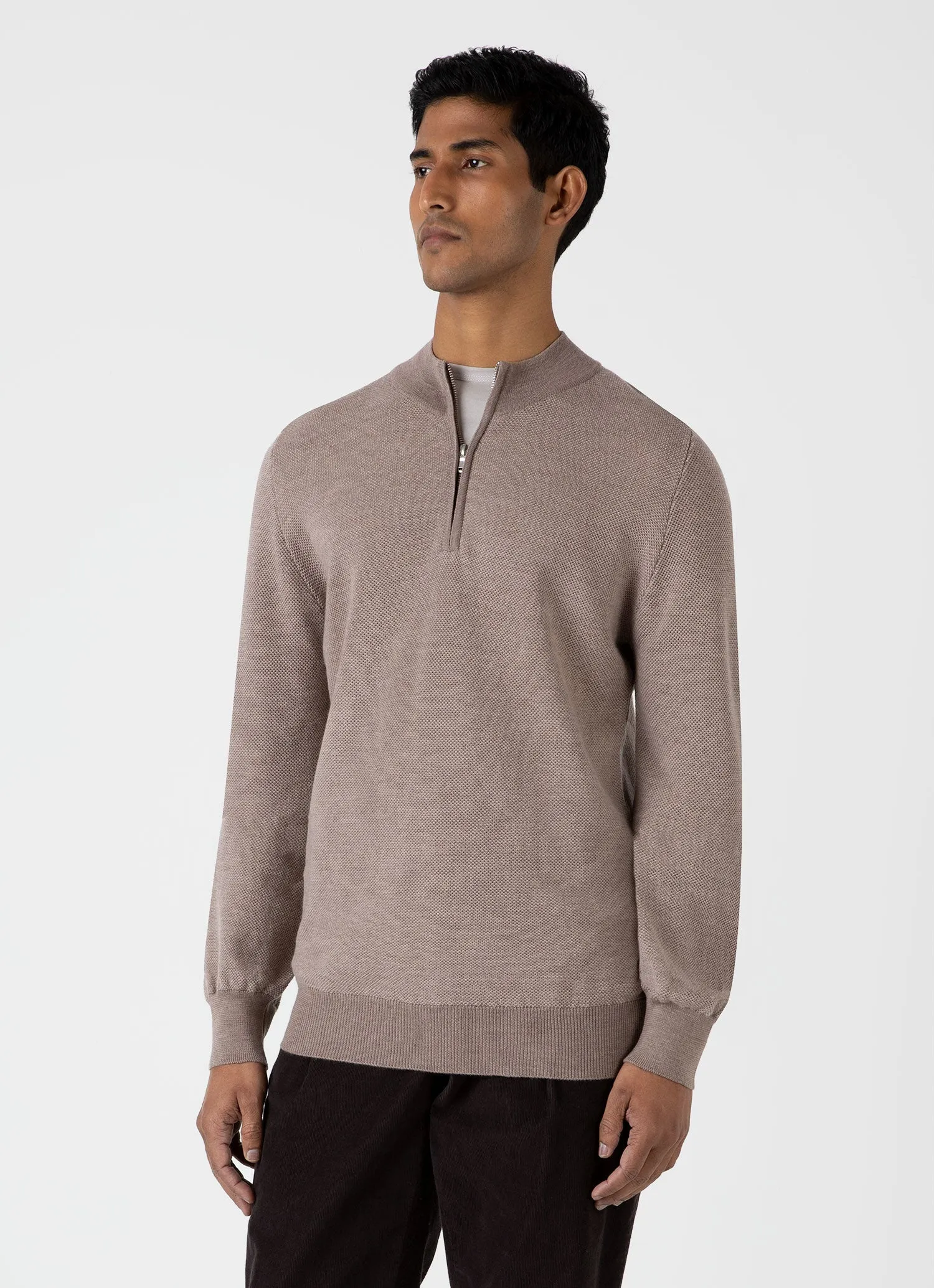 Men's Merino Honeycomb Zip Neck Jumper in Light Sandstone