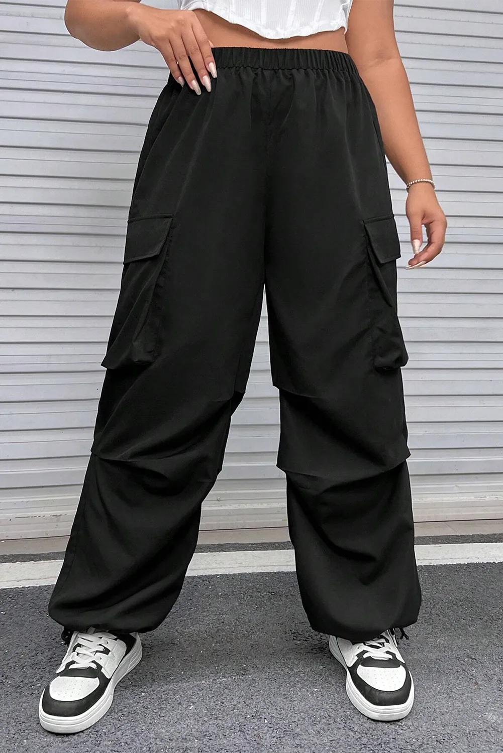 Plus Size Flap Pocket Elastic Waist Cargo Pants