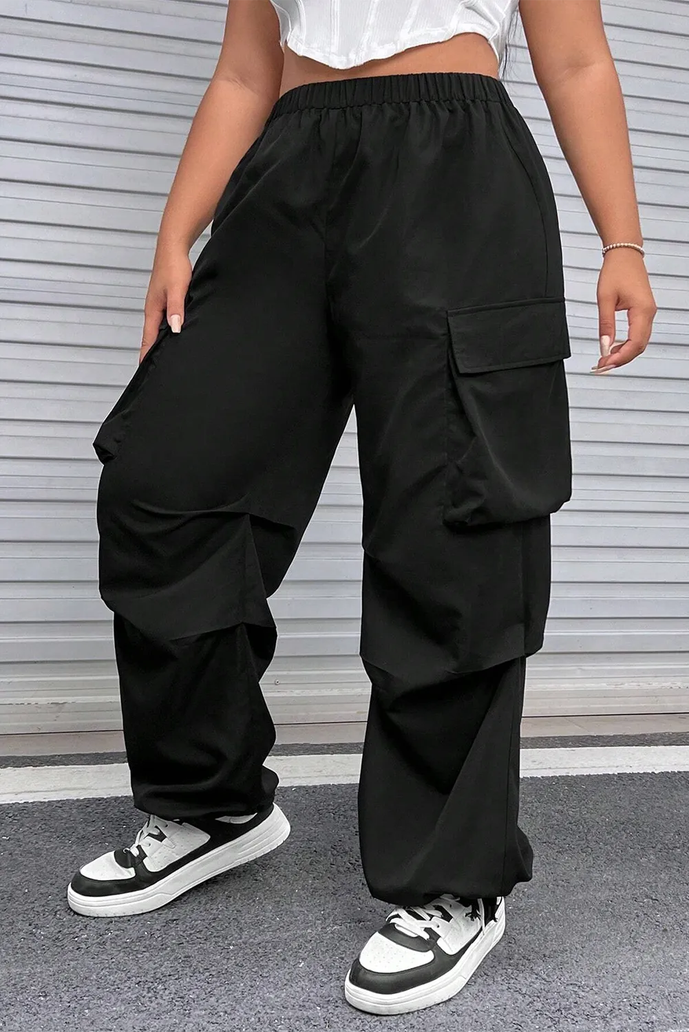 Plus Size Flap Pocket Elastic Waist Cargo Pants