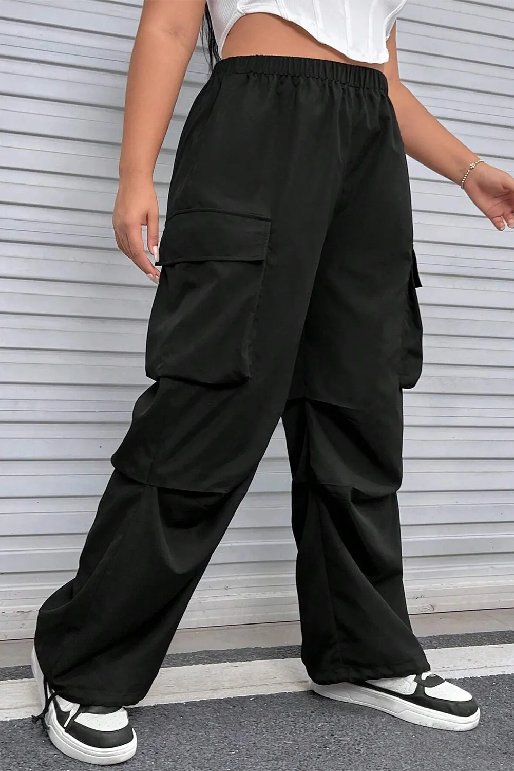 Plus Size Flap Pocket Elastic Waist Cargo Pants