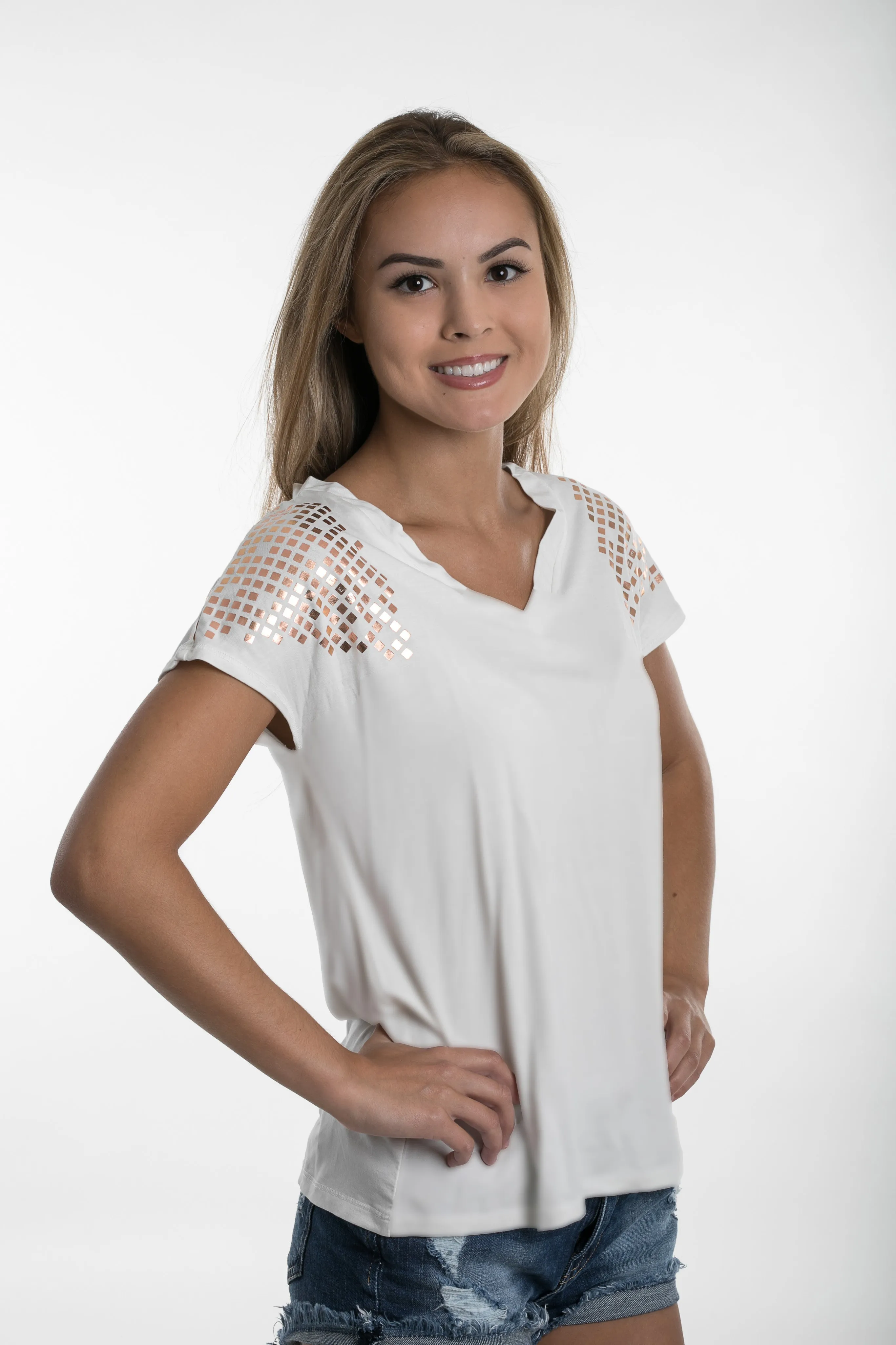 Rose Gold Gladiator Style Easy V-Neck Ivory Tee