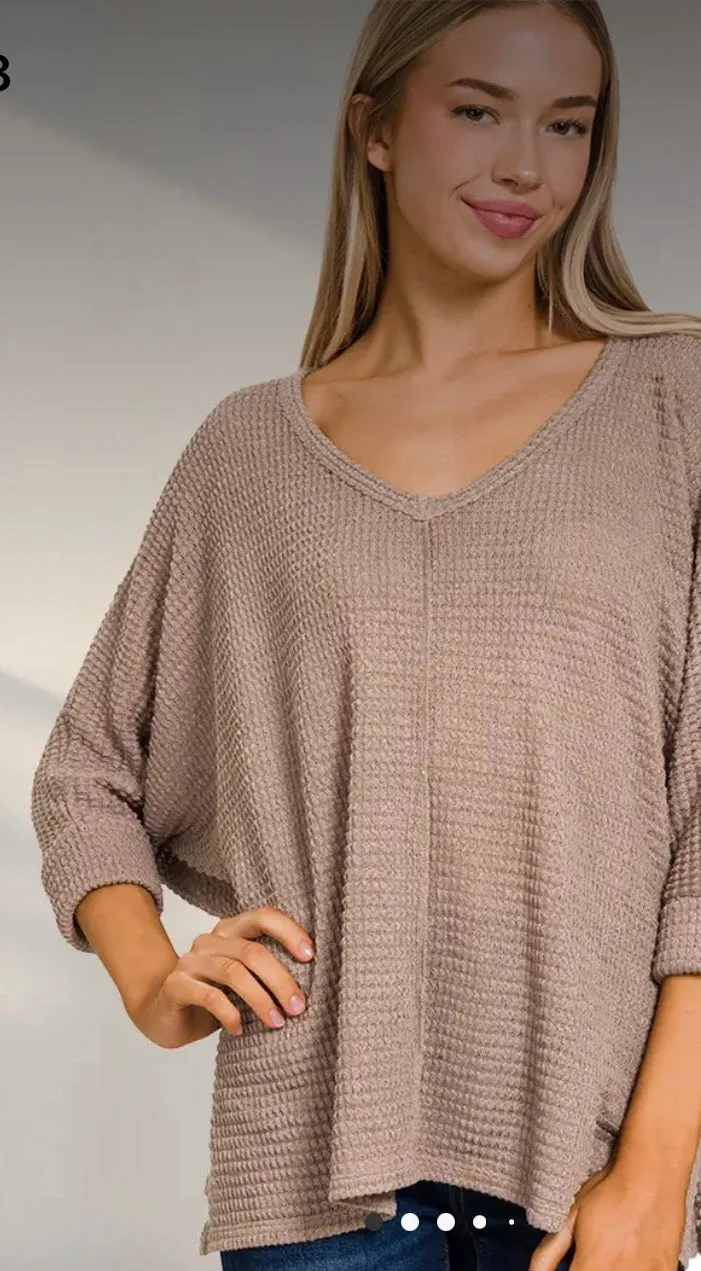 Taupe V-Neck 3/4 Sleeve Sweater