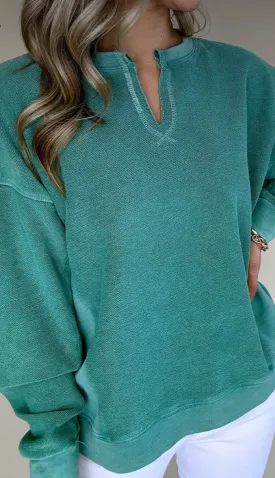 Tops- Green Sweatshirt with Notched Neck