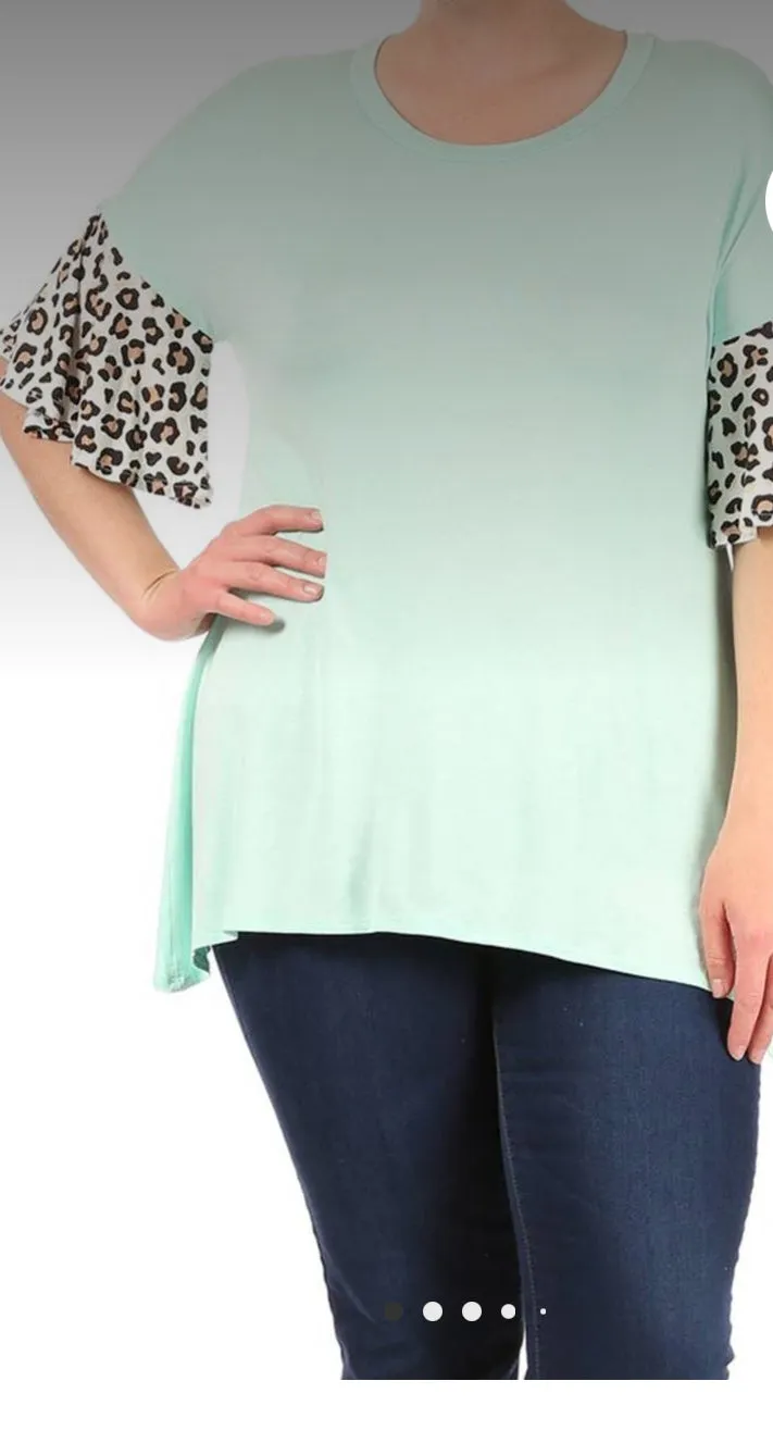 Tops- Mint Green Top w/ Leopard Print Bell Sleeves