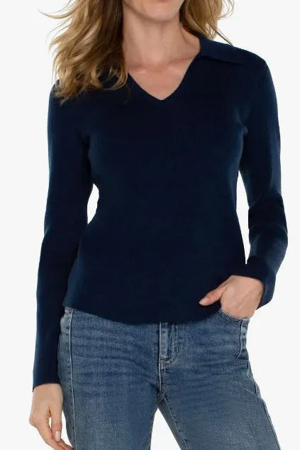 V-Neck Collared Sweater-Dark Navy