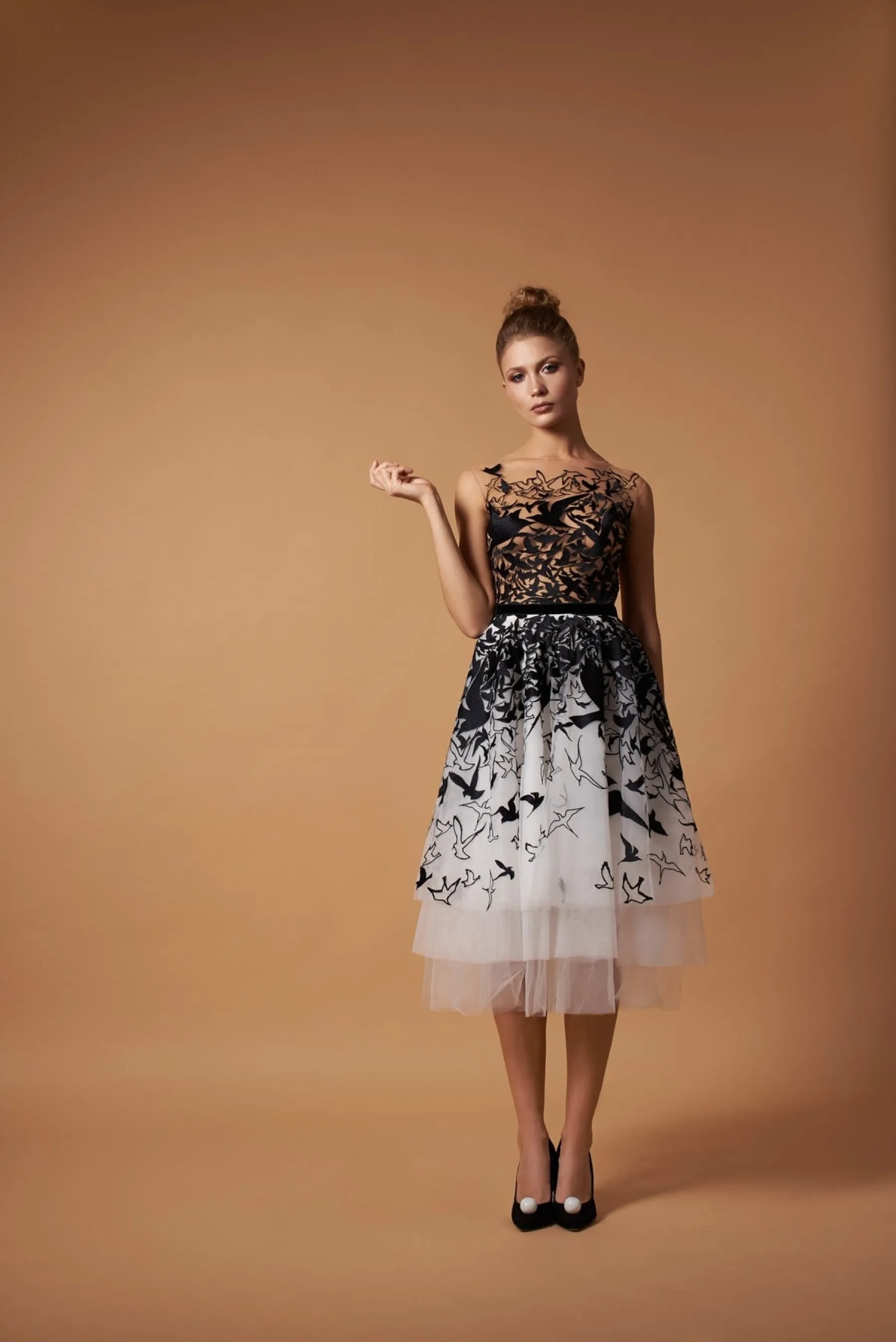 Whimsical Black and White Gown with Birds Motif