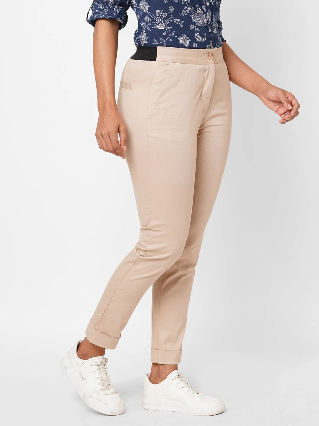 Women's Beige Cotton Lycra Slim Fit Pant